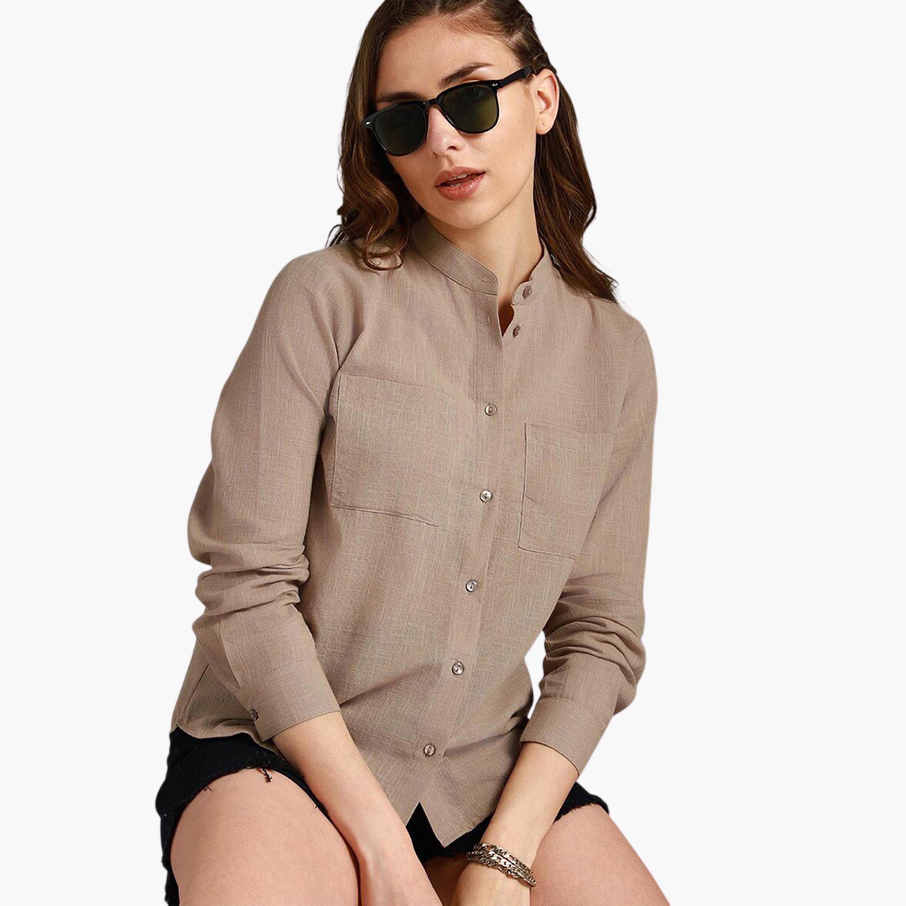 High Star X Styli Beige Regular Fit Solid Shirt Collar-women-clothing-shirtsandblouses-shirts-image-3