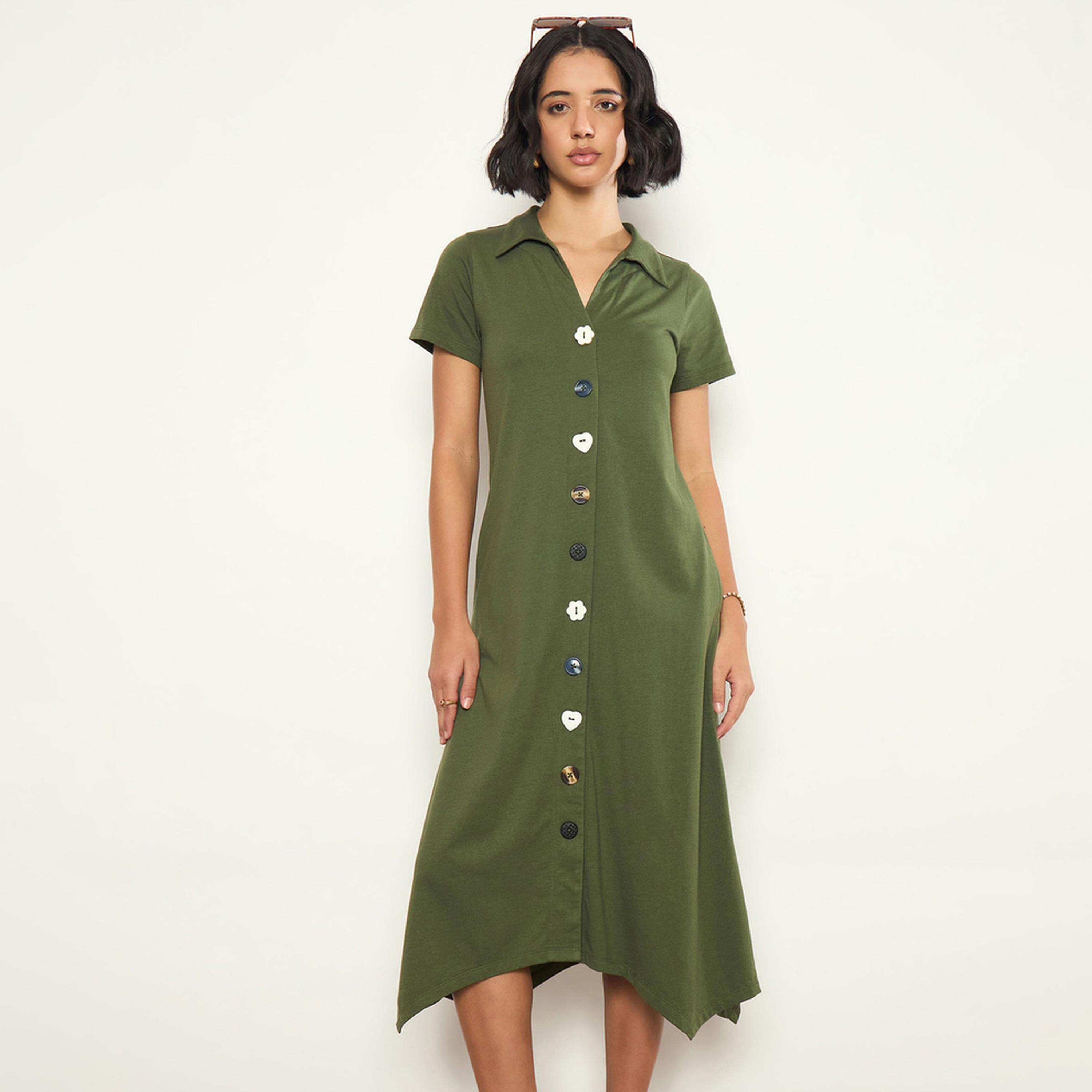 Sassafras X Styli Olive Textured Button Down Midi Dress-women-clothing-dresses-image-1