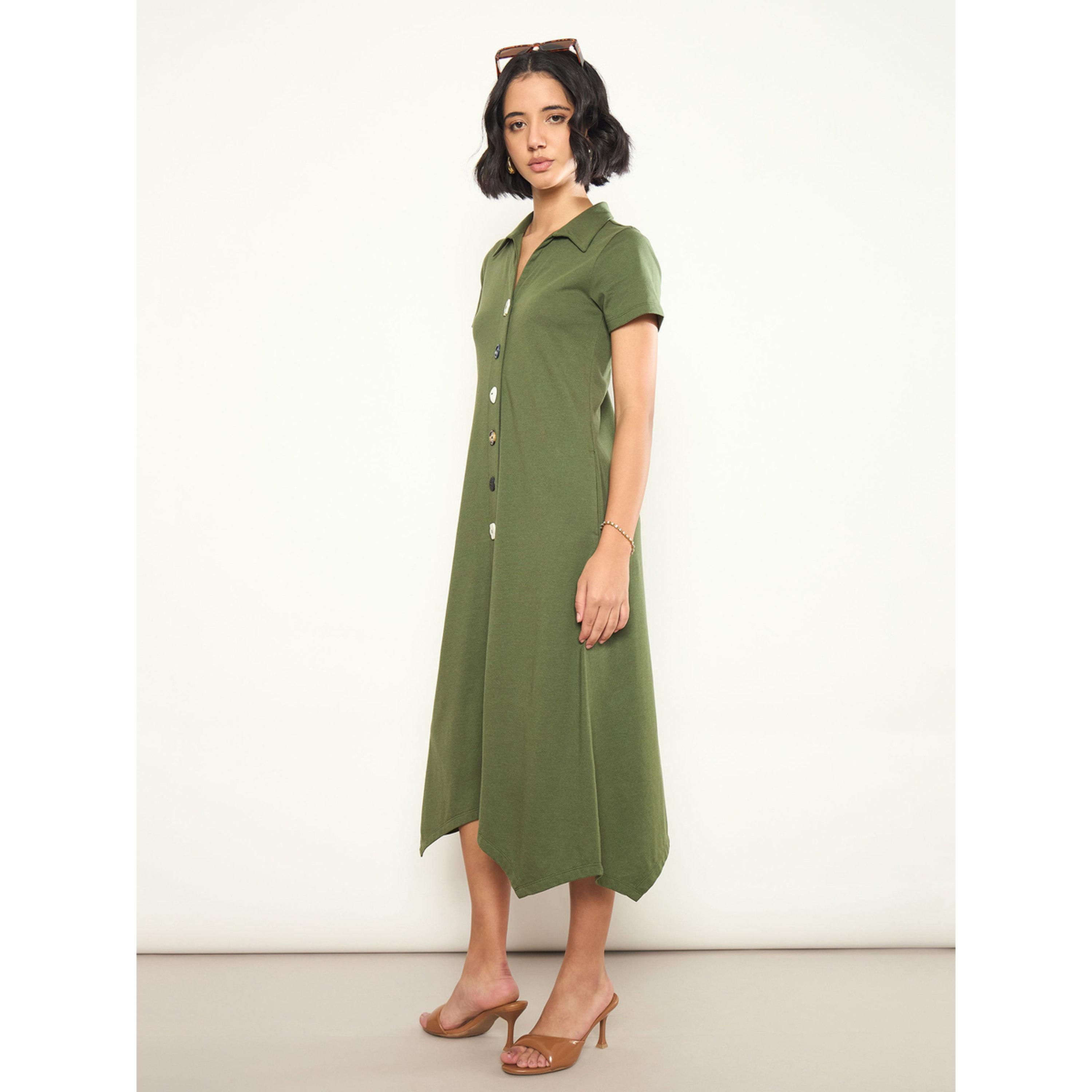 Sassafras X Styli Olive Textured Button Down Midi Dress-women-clothing-dresses-image-2