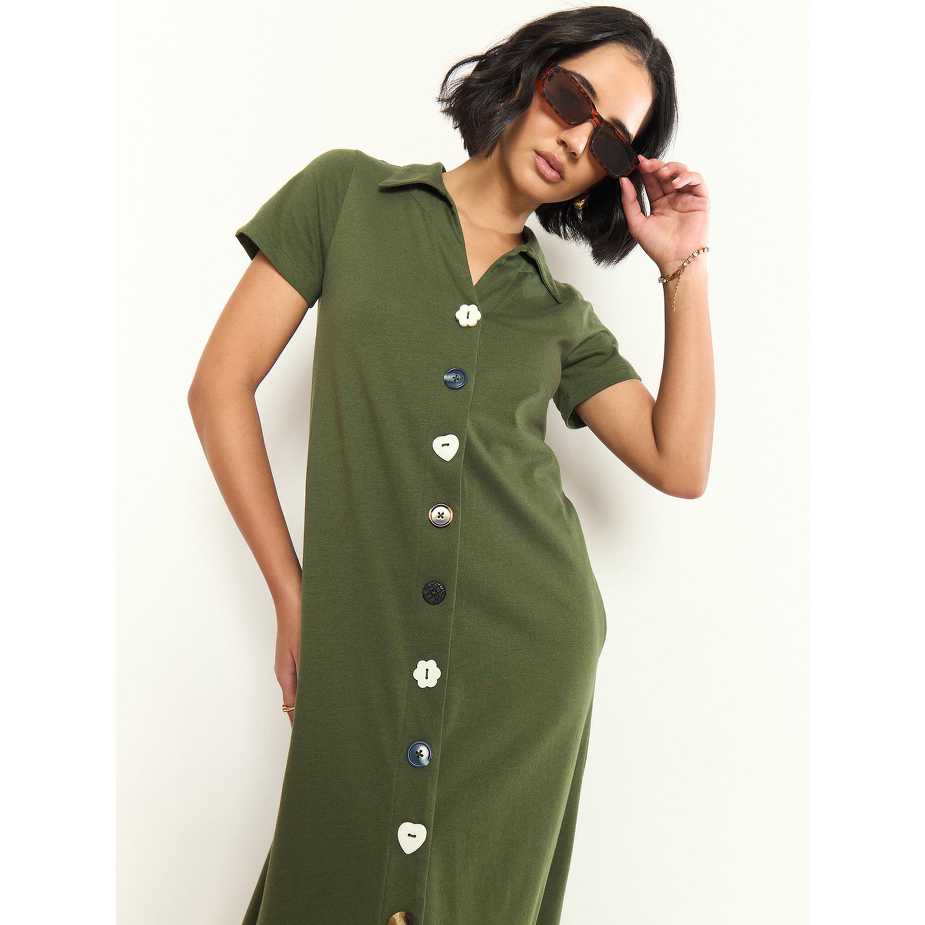 Sassafras X Styli Olive Textured Button Down Midi Dress-women-clothing-dresses-image-3