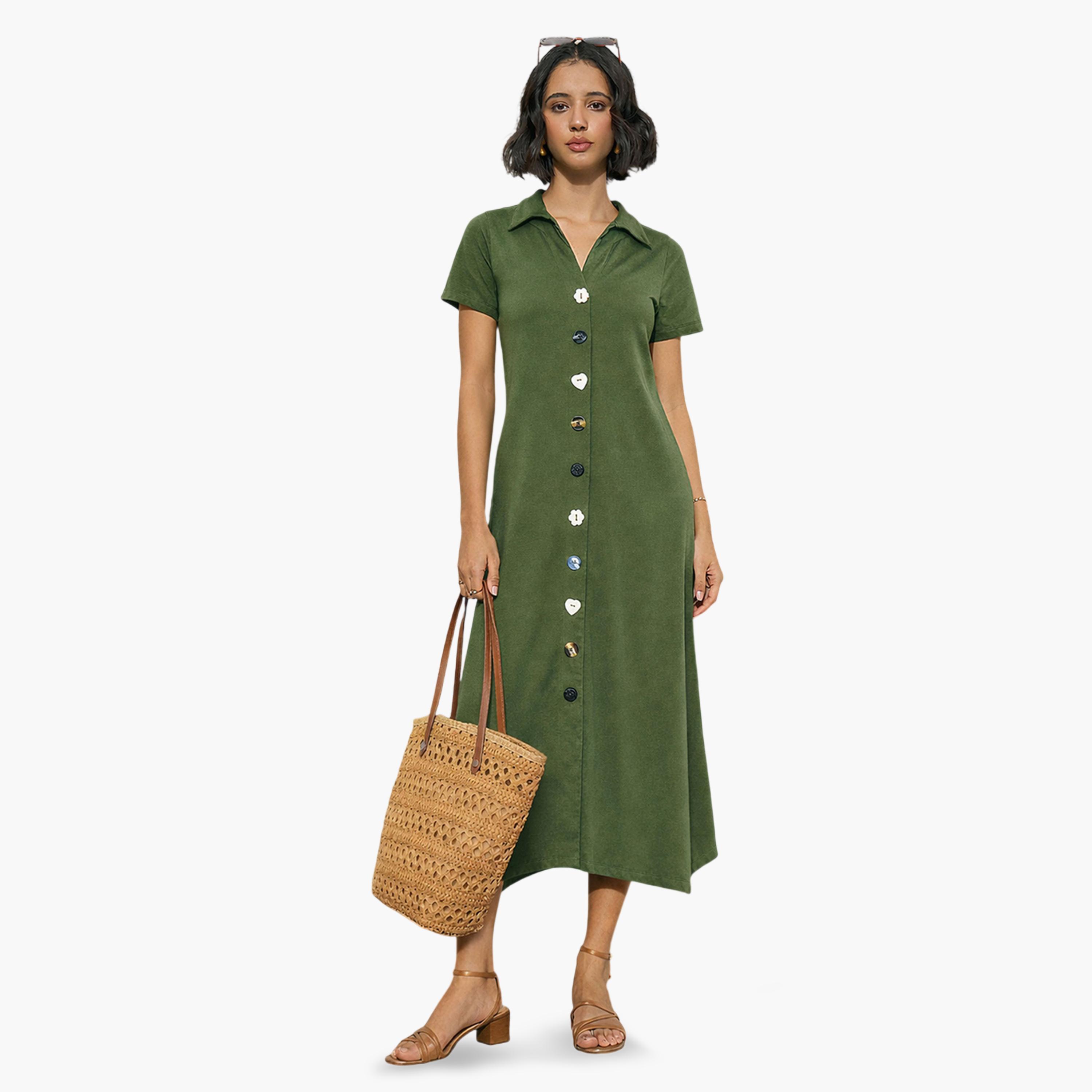 Sassafras X Styli Olive Textured Button Down Midi Dress-women-clothing-dresses-image-5