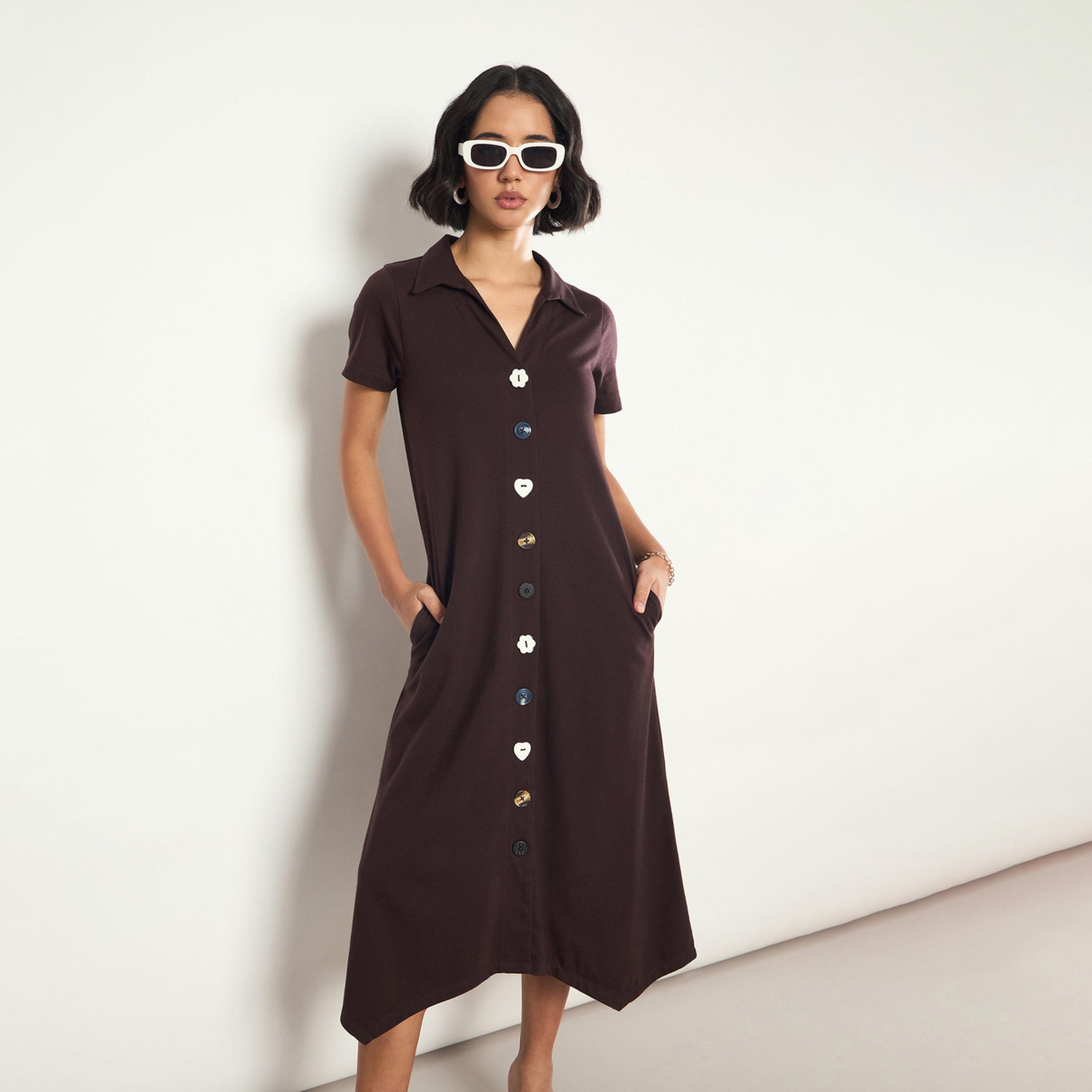 Sassafras X Styli Coffee Brown Textured Button Down Midi Dress-women-clothing-dresses-image-1