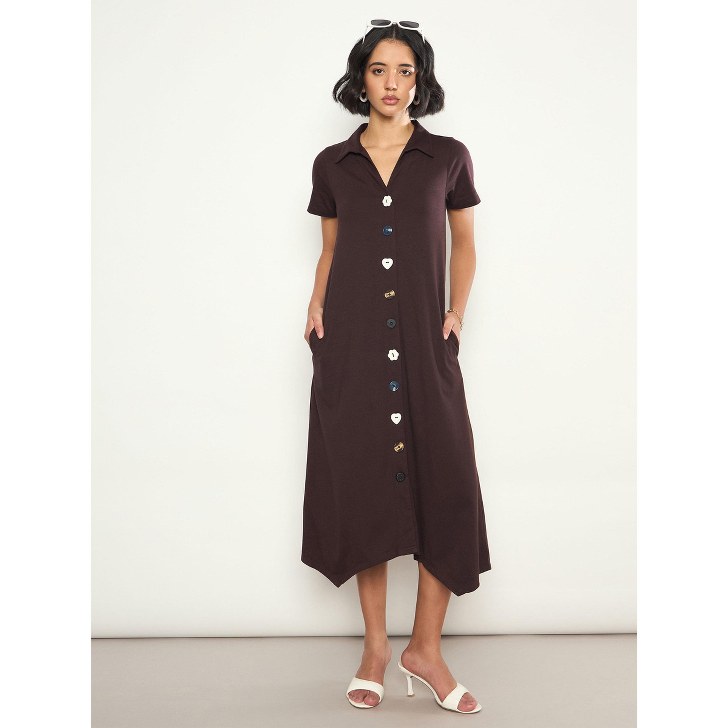 Sassafras X Styli Coffee Brown Textured Button Down Midi Dress-women-clothing-dresses-image-2