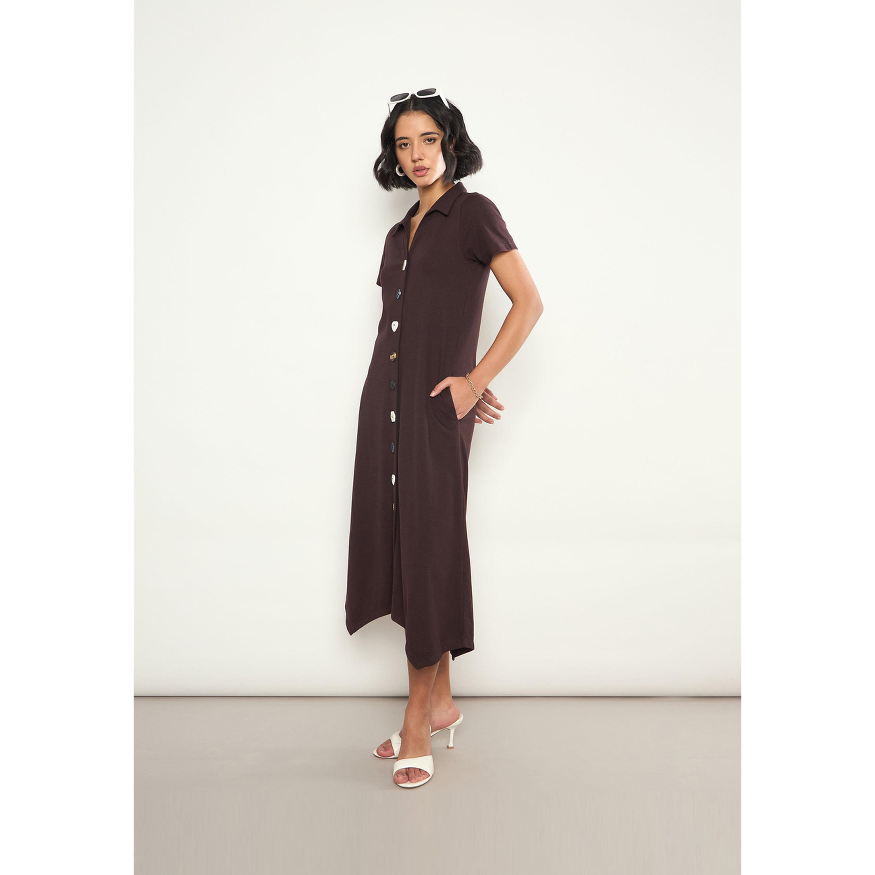 Sassafras X Styli Coffee Brown Textured Button Down Midi Dress-women-clothing-dresses-image-3