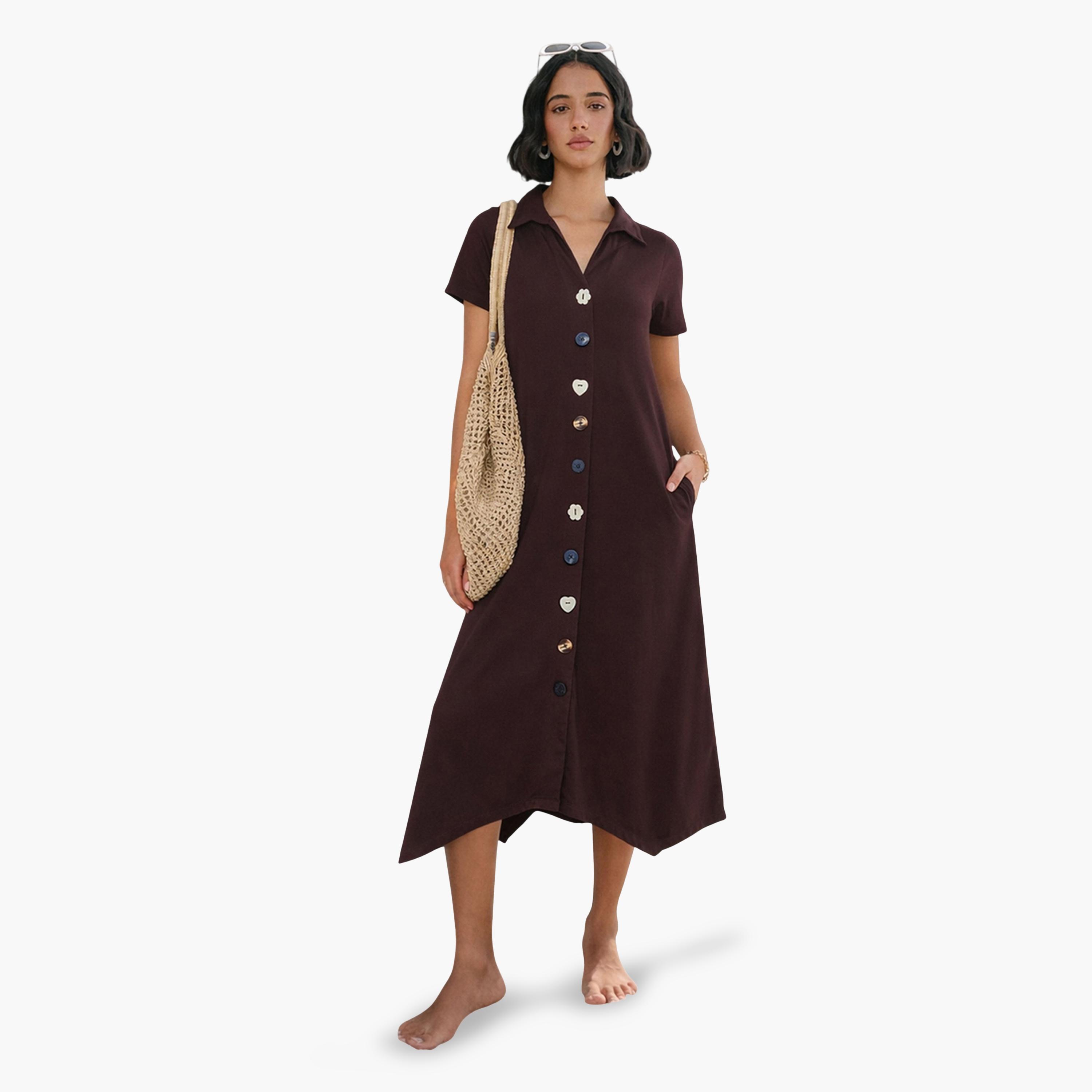 Sassafras X Styli Coffee Brown Textured Button Down Midi Dress-women-clothing-dresses-image-4