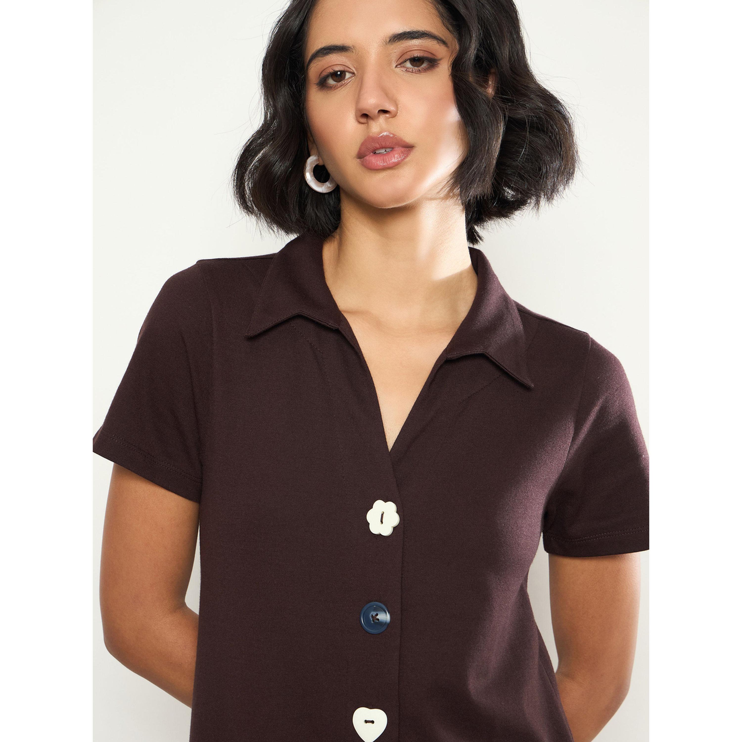 Sassafras X Styli Coffee Brown Textured Button Down Midi Dress-women-clothing-dresses-image-6