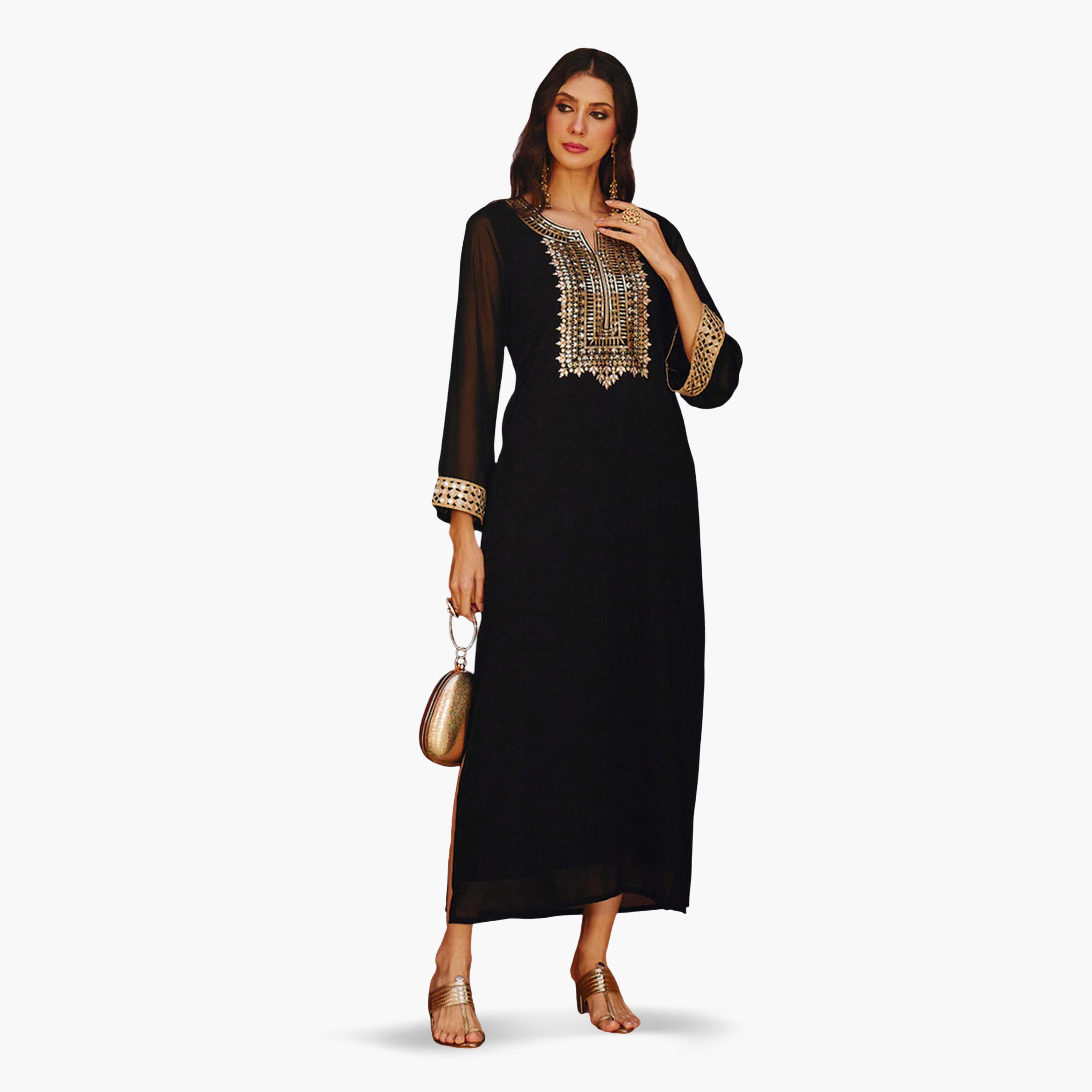 Shae by SASSAFRAS X Styli Black Embroidered Neck Abaya Dress-women-clothing-dresses-image-1