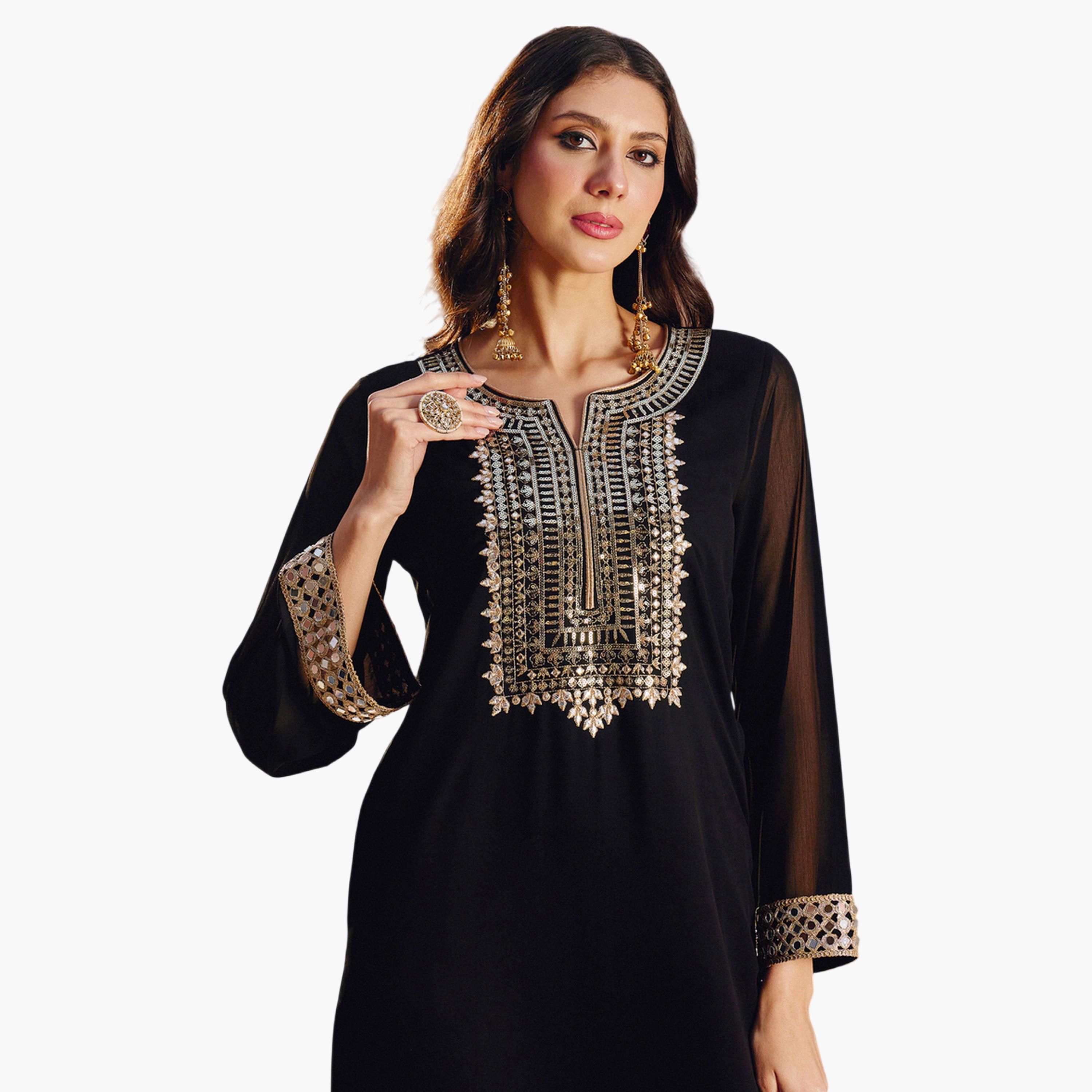 Shae by SASSAFRAS X Styli Black Embroidered Neck Abaya Dress-women-clothing-dresses-image-3