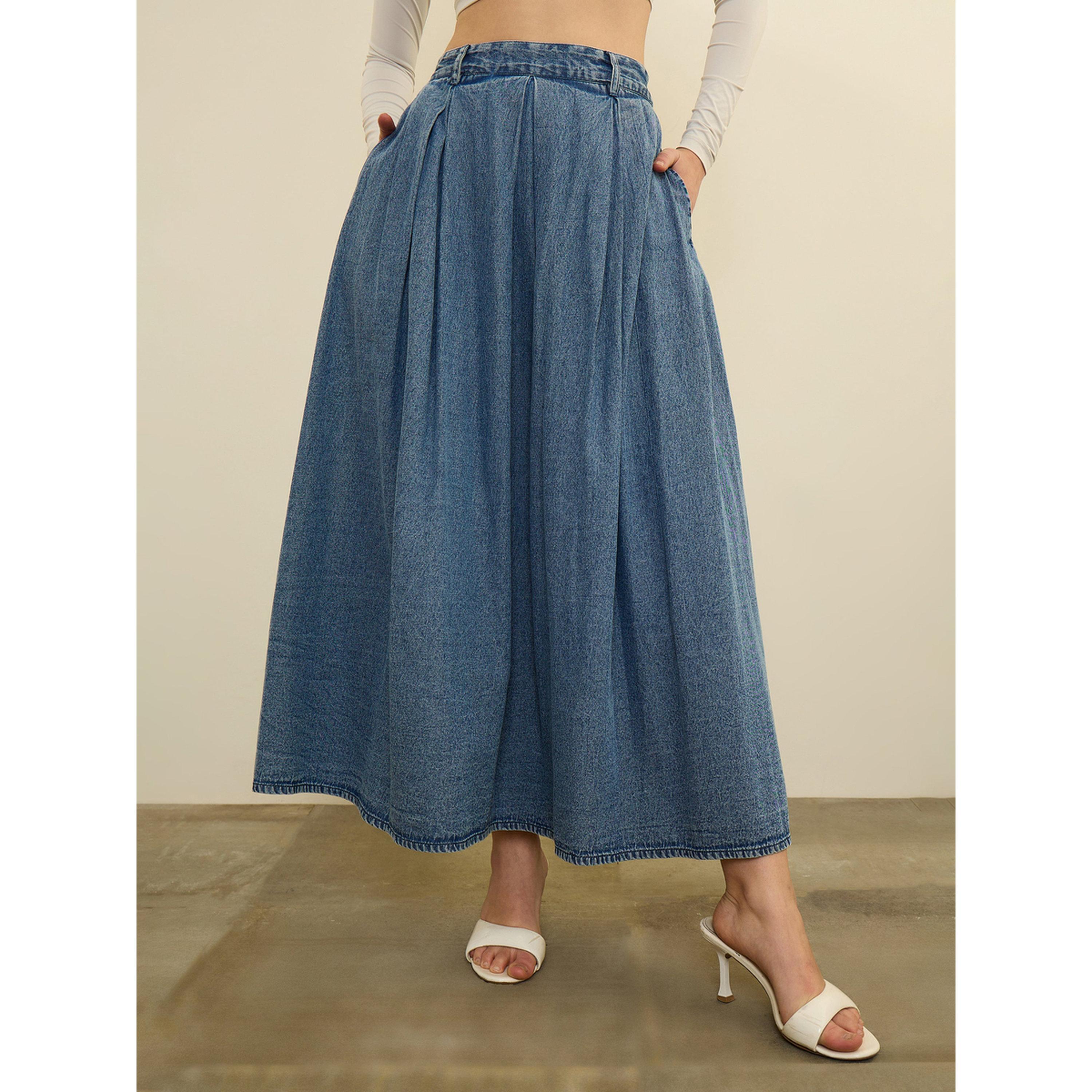 Sassafras X Styli Blue Denim Acid Wash Box Pleated Maxi Skirt-women-clothing-skirts-image-1