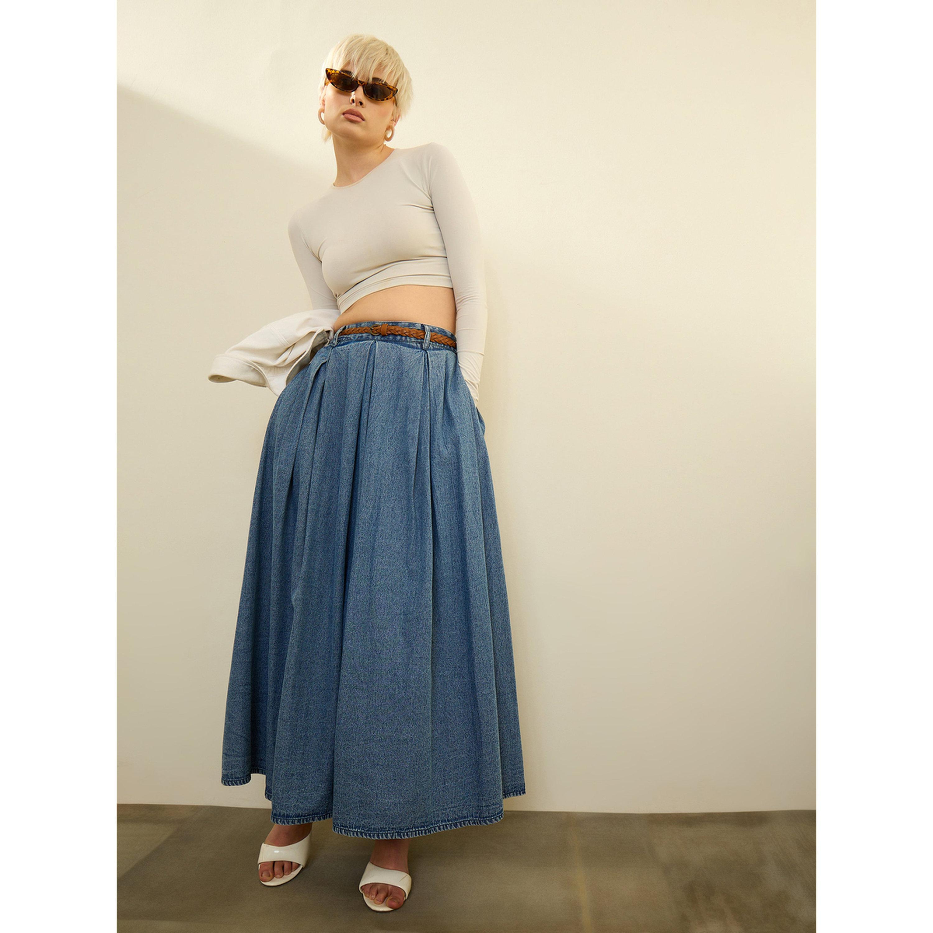 Sassafras X Styli Blue Denim Acid Wash Box Pleated Maxi Skirt-women-clothing-skirts-image-2