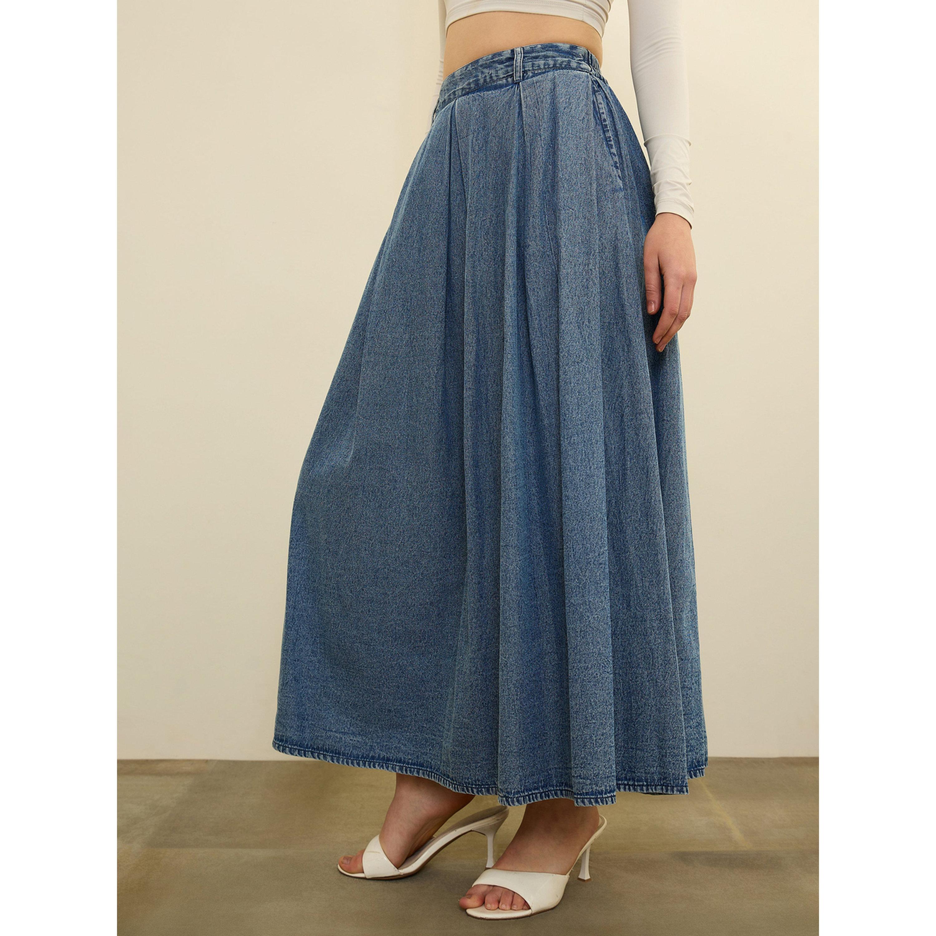 Sassafras X Styli Blue Denim Acid Wash Box Pleated Maxi Skirt-women-clothing-skirts-image-3