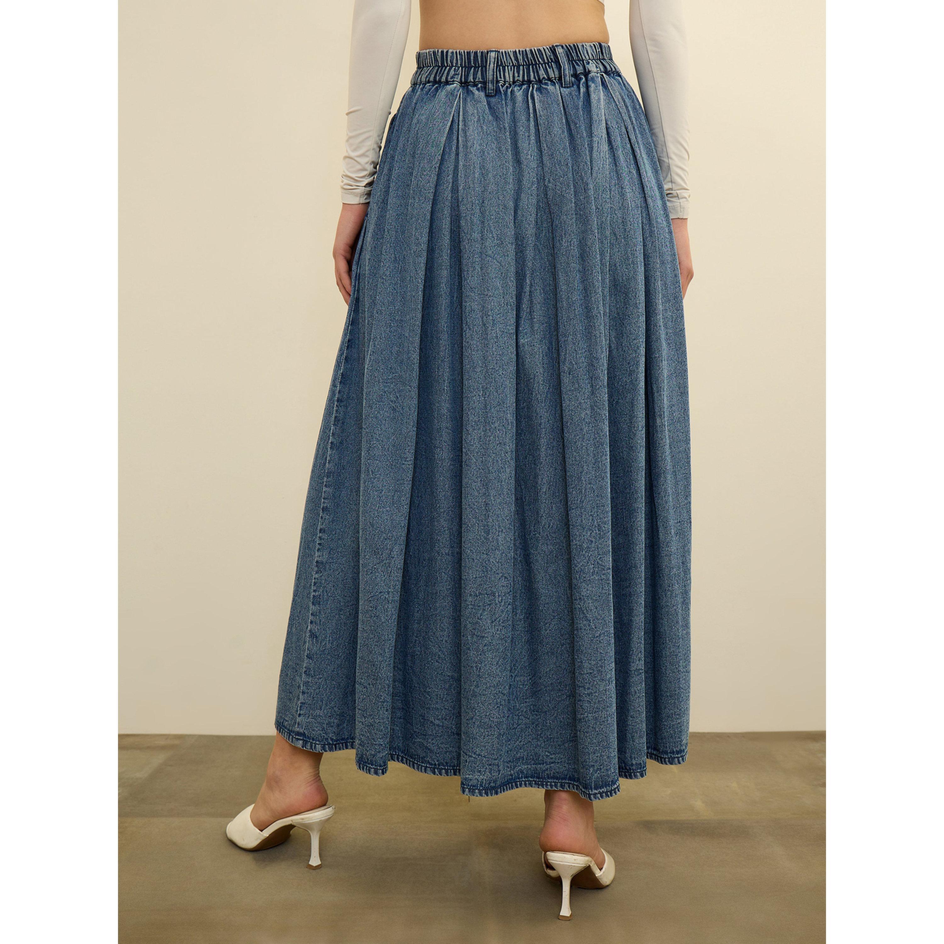 Sassafras X Styli Blue Denim Acid Wash Box Pleated Maxi Skirt-women-clothing-skirts-image-5