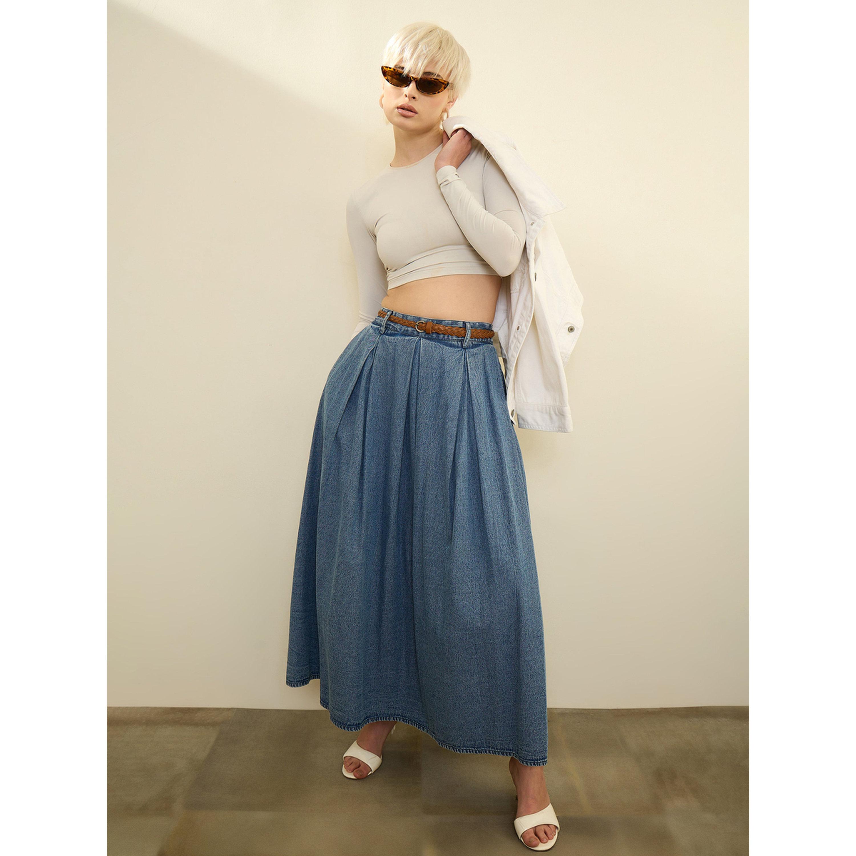 Sassafras X Styli Blue Denim Acid Wash Box Pleated Maxi Skirt-women-clothing-skirts-image-6