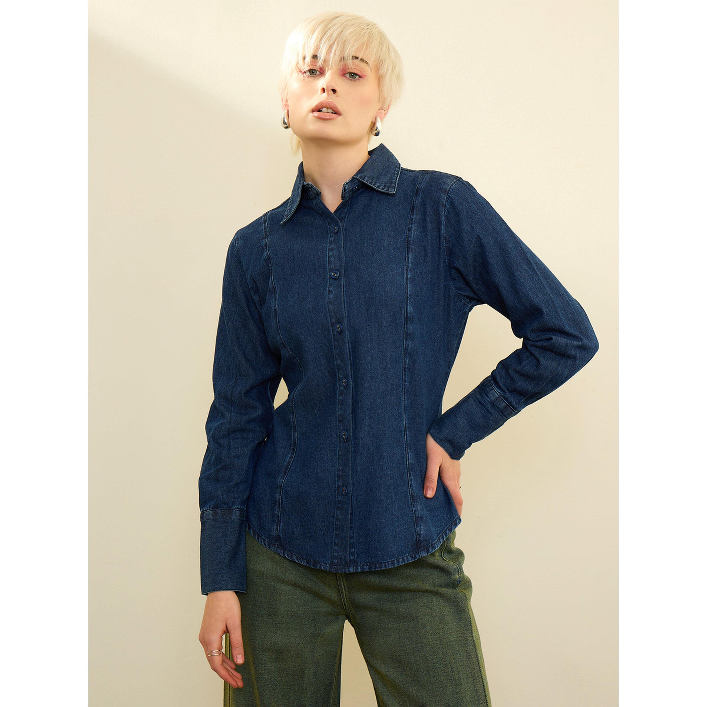 قميص دنيم بقصة ضيقة وأكمام طويلة بلون سادة لون كحلي-women-clothing-shirtsandblouses-shirts-image-1