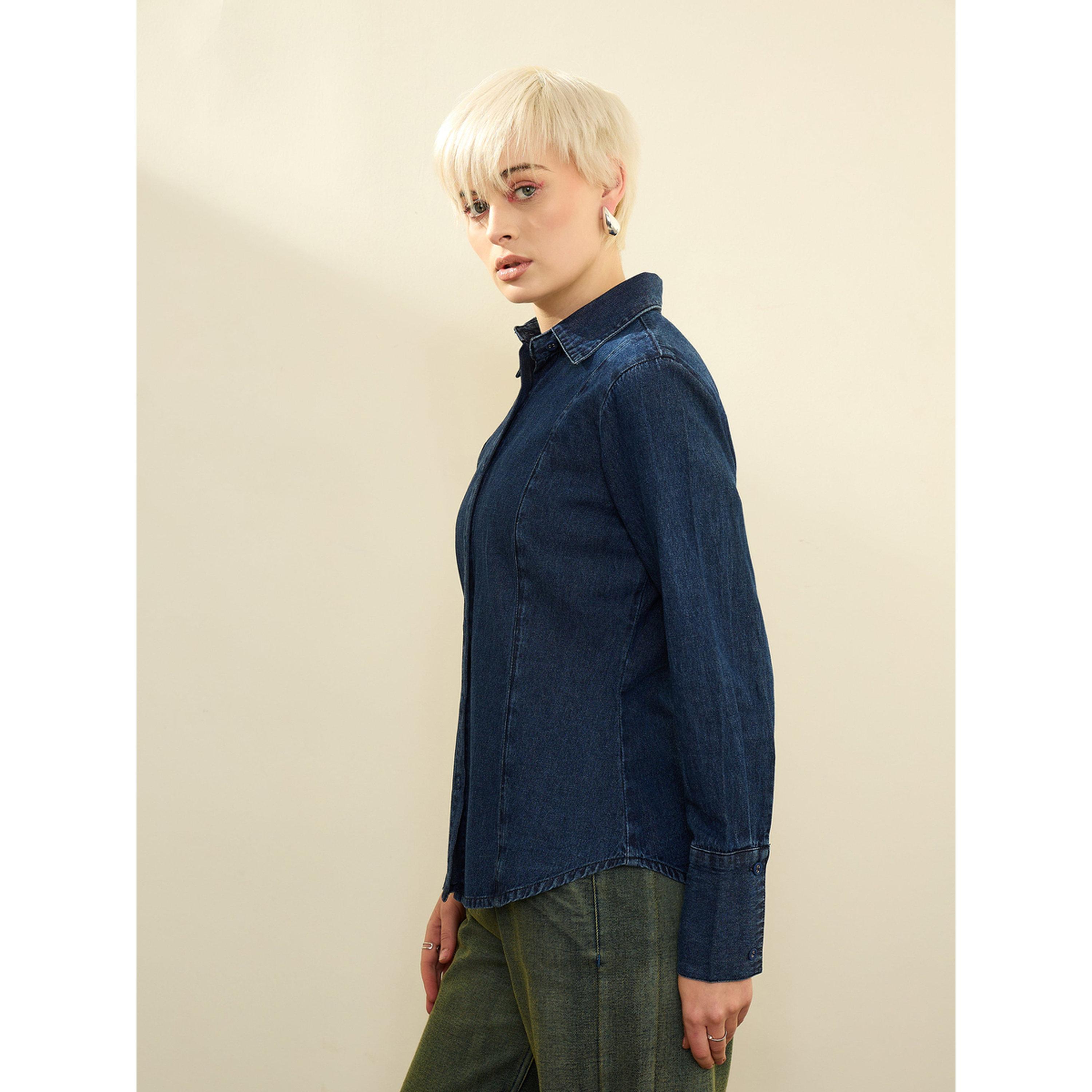 قميص دنيم بقصة ضيقة وأكمام طويلة بلون سادة لون كحلي-women-clothing-shirtsandblouses-shirts-image-3
