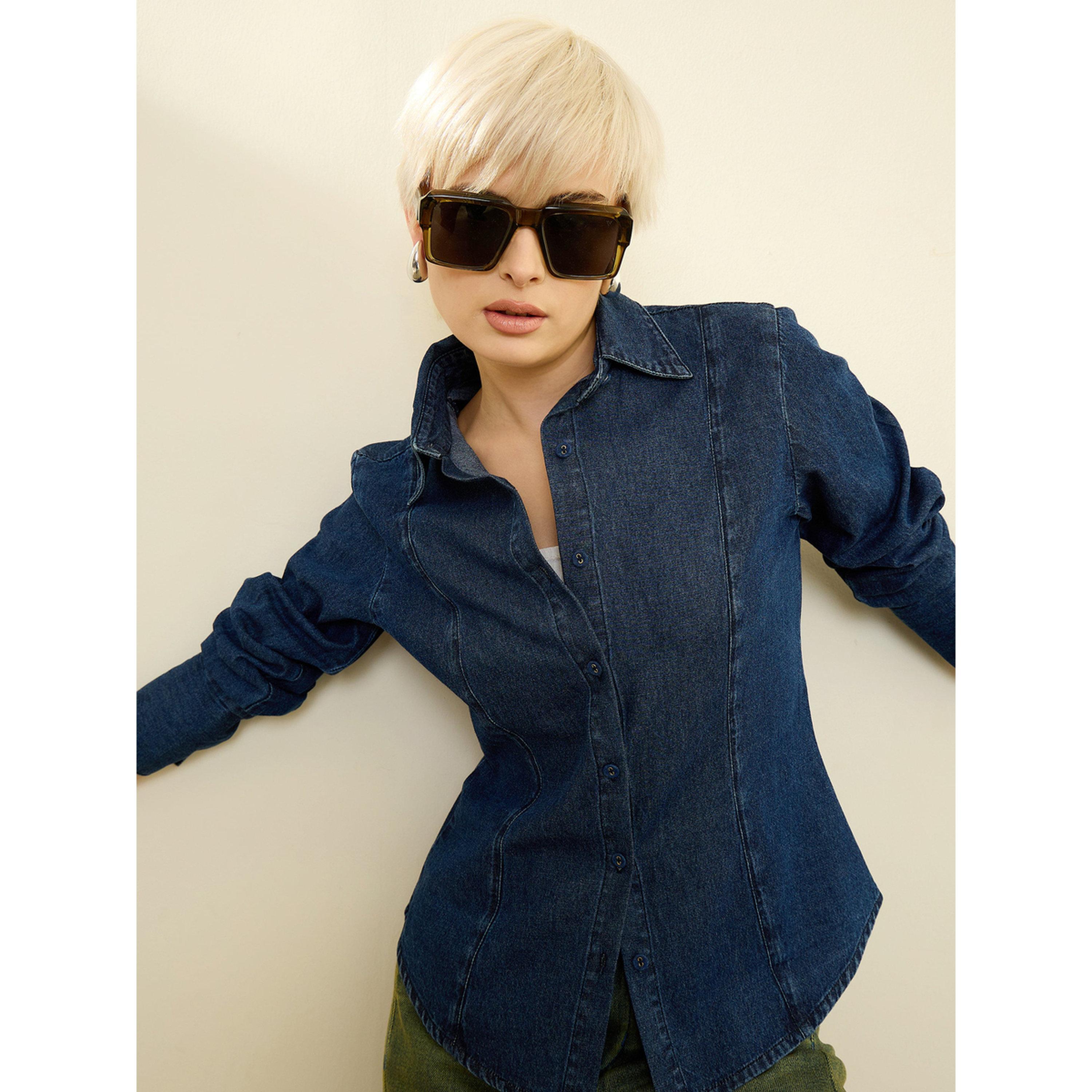 قميص دنيم بقصة ضيقة وأكمام طويلة بلون سادة لون كحلي-women-clothing-shirtsandblouses-shirts-image-5