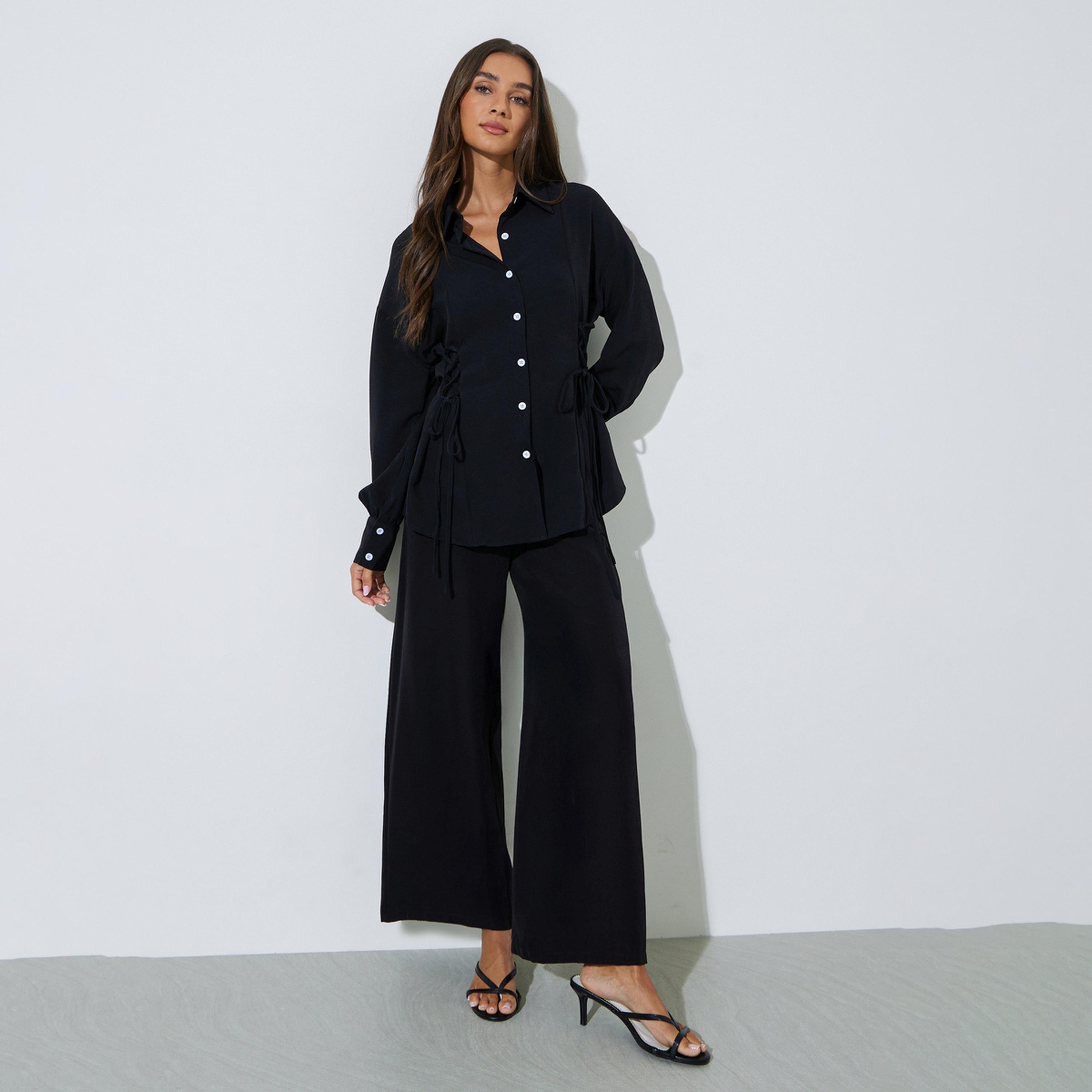 Styli Black Solid Long Sleeves Shirt and Pants Co-Ords-women-clothing-coordsets-image-1