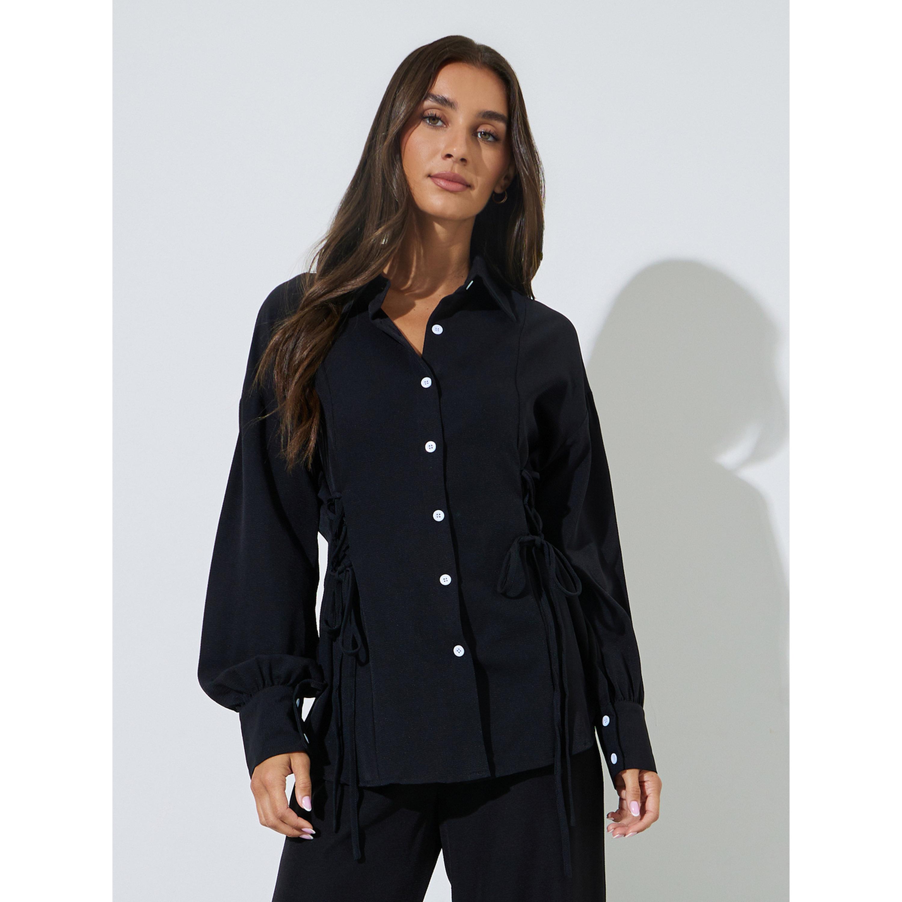 Styli Black Solid Long Sleeves Shirt and Pants Co-Ords-women-clothing-coordsets-image-2