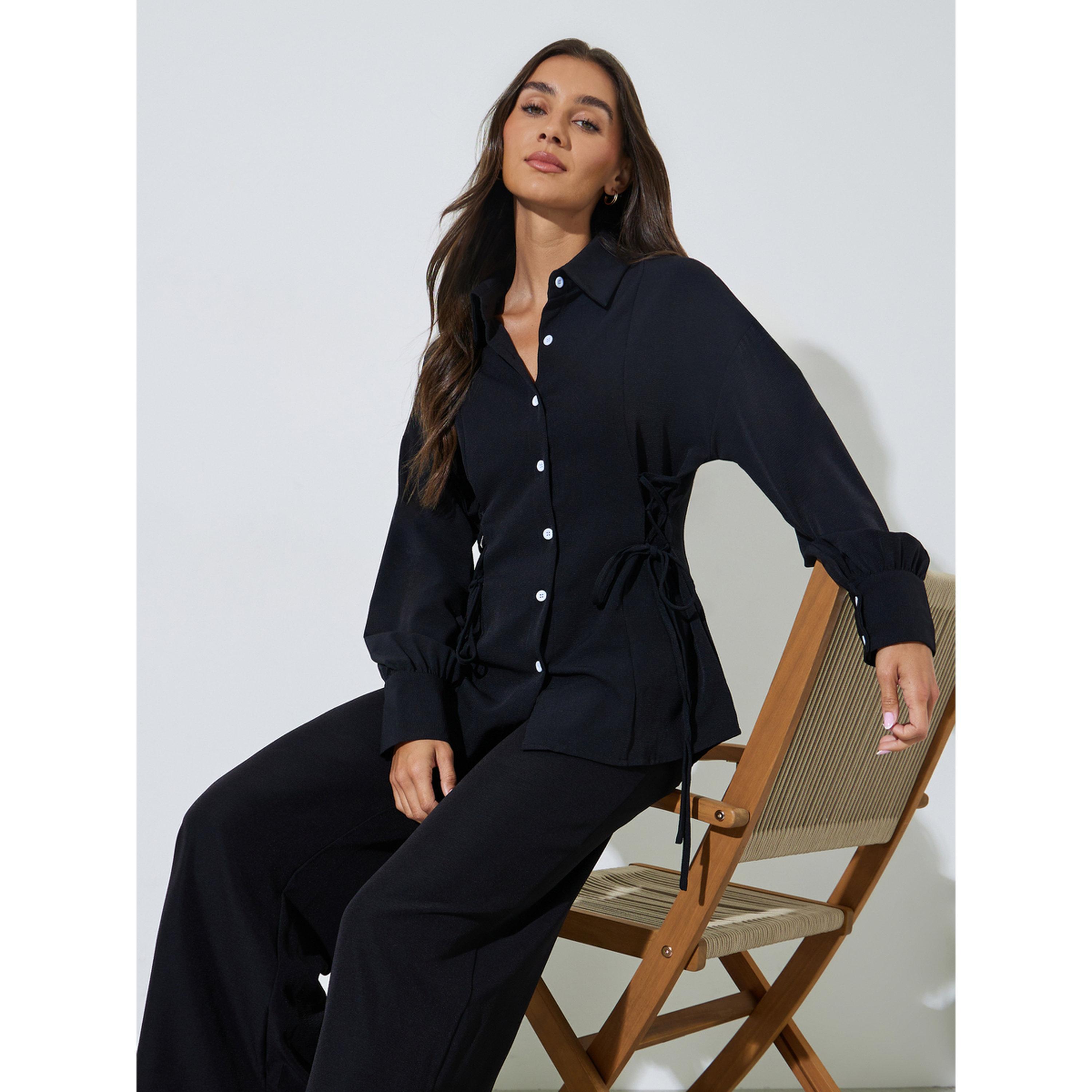 Styli Black Solid Long Sleeves Shirt and Pants Co-Ords-women-clothing-coordsets-image-3