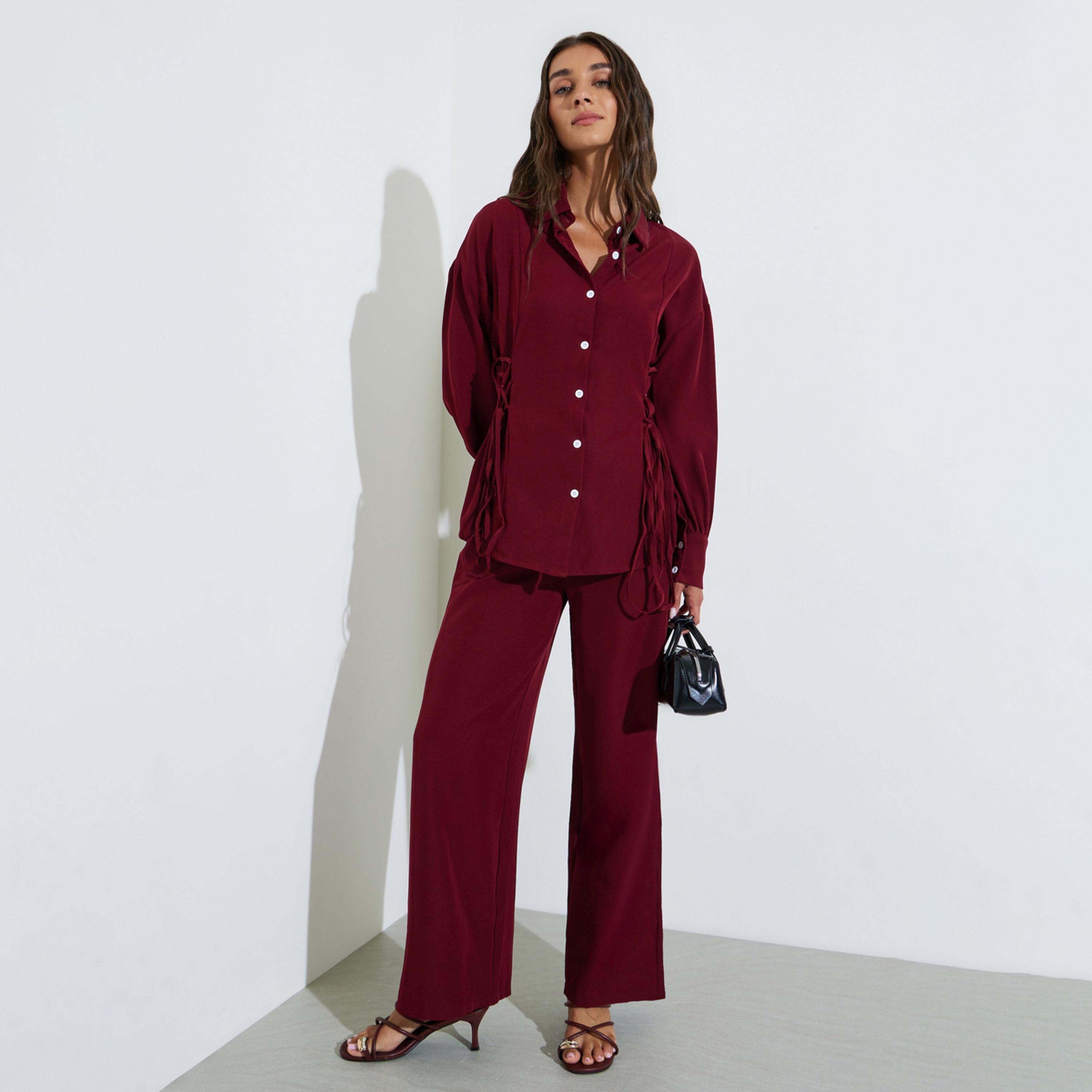 طقم منسق من بنطال وقميص بلون سادة وأكمام طويلة لون برغندي-women-clothing-coordsets-image-1