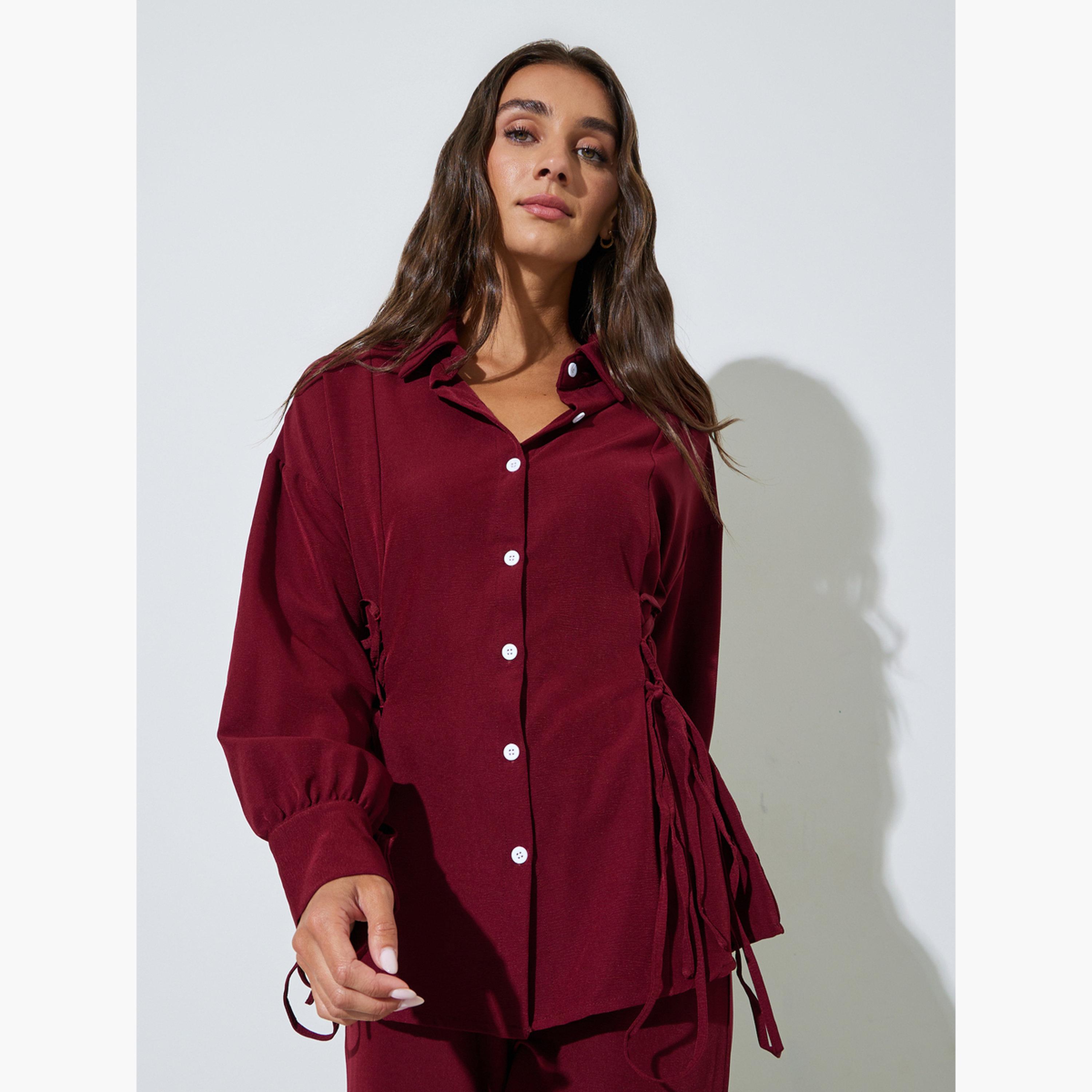 طقم منسق من بنطال وقميص بلون سادة وأكمام طويلة لون برغندي-women-clothing-coordsets-image-2