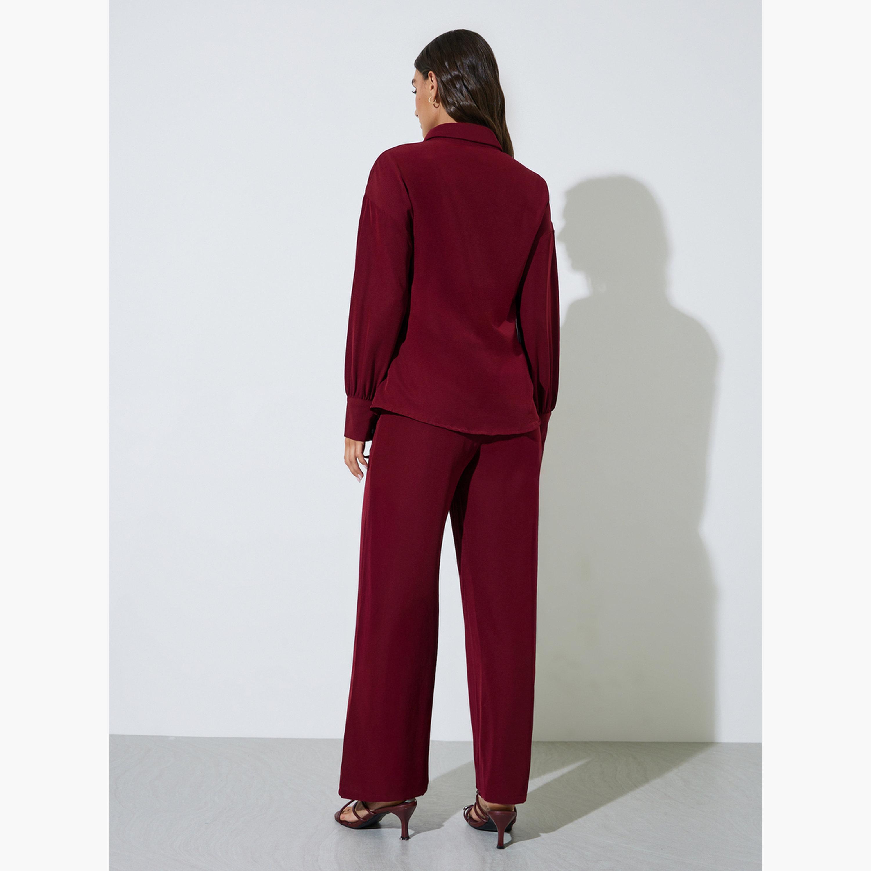 طقم منسق من بنطال وقميص بلون سادة وأكمام طويلة لون برغندي-women-clothing-coordsets-image-3