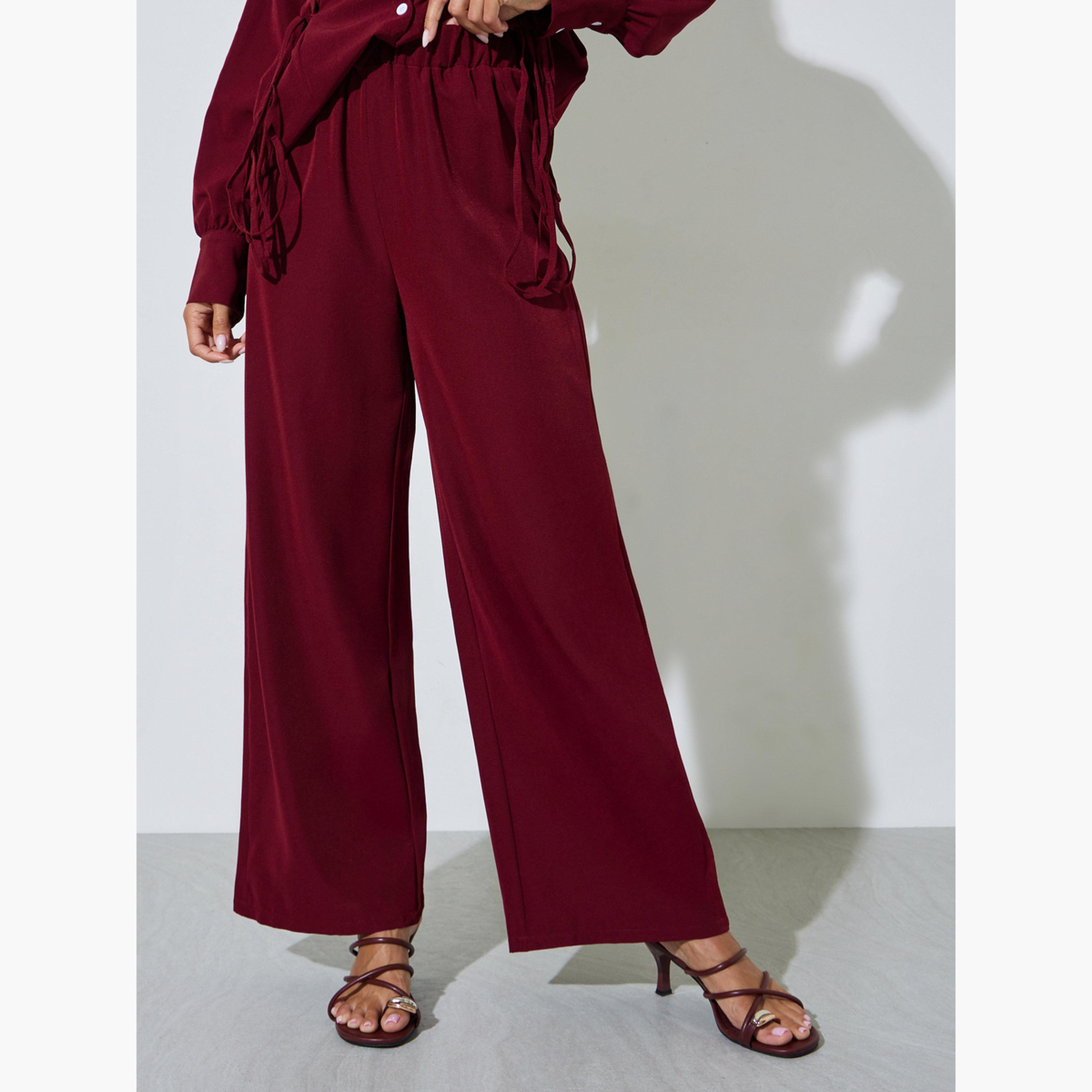 طقم منسق من بنطال وقميص بلون سادة وأكمام طويلة لون برغندي-women-clothing-coordsets-image-4