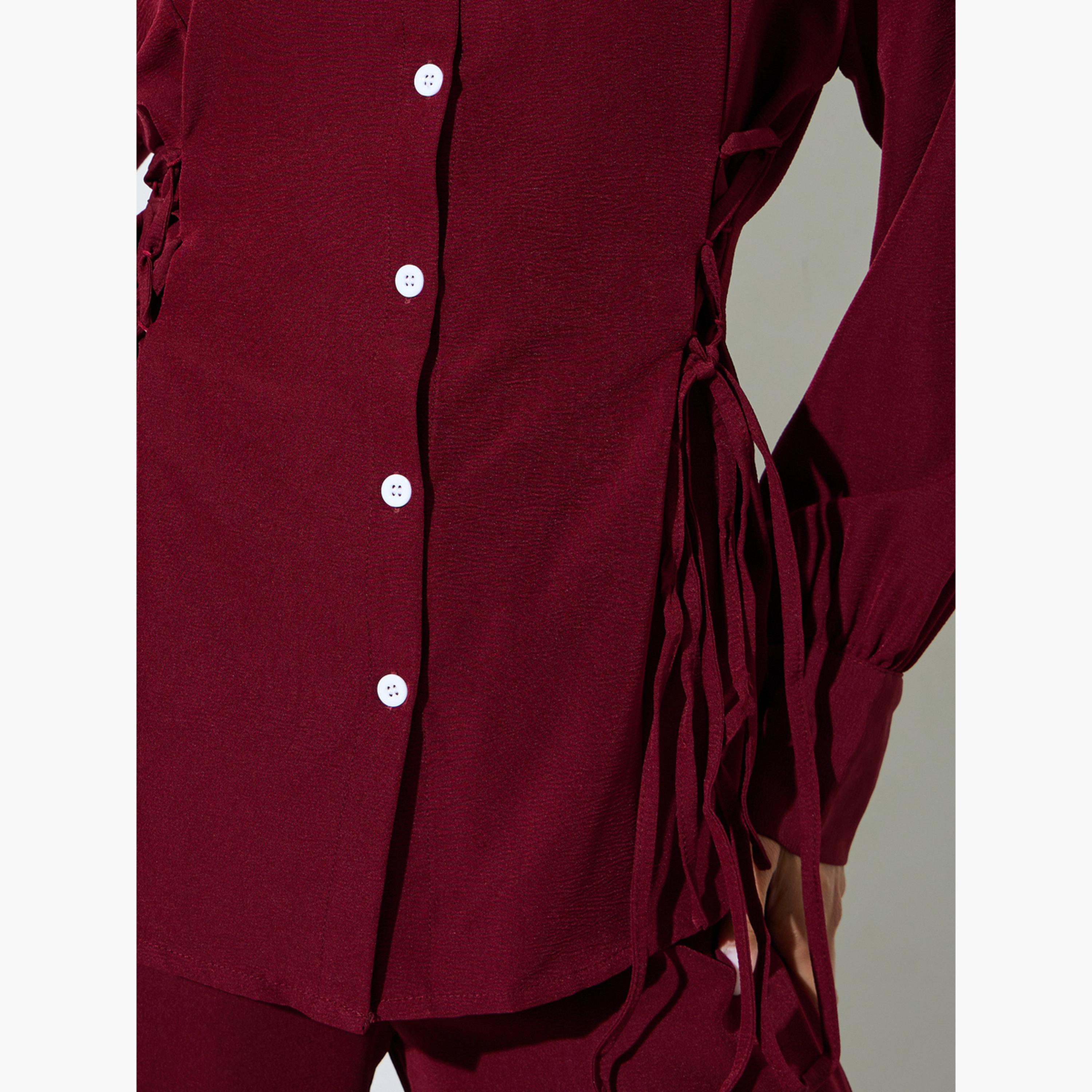 طقم منسق من بنطال وقميص بلون سادة وأكمام طويلة لون برغندي-women-clothing-coordsets-image-5