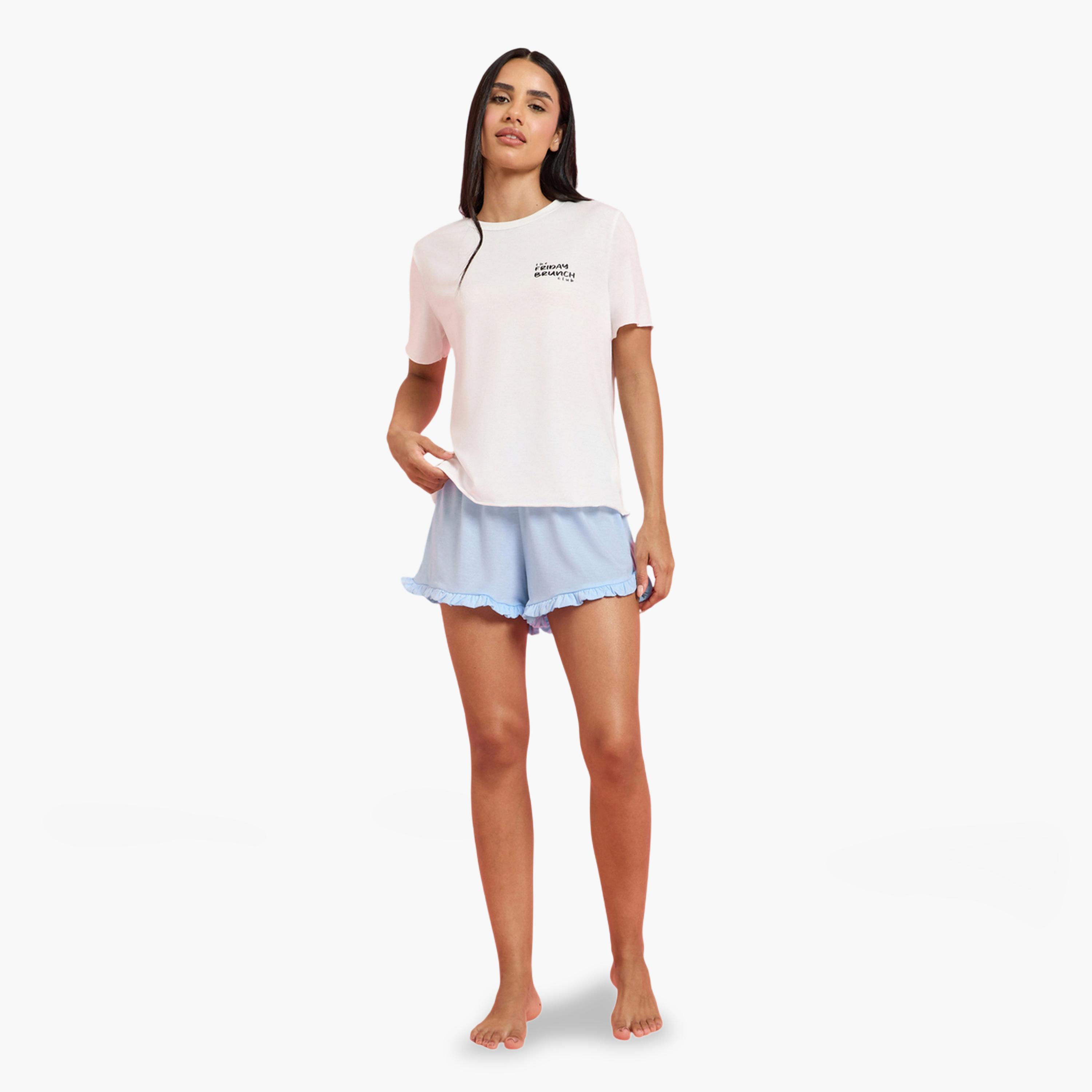 Styli Multi-Color Printed T-Shirt and Solid Ruffle Details Shorts Pyjama Set-women-clothing-nightwear-pyjamas-shortsets-image-2