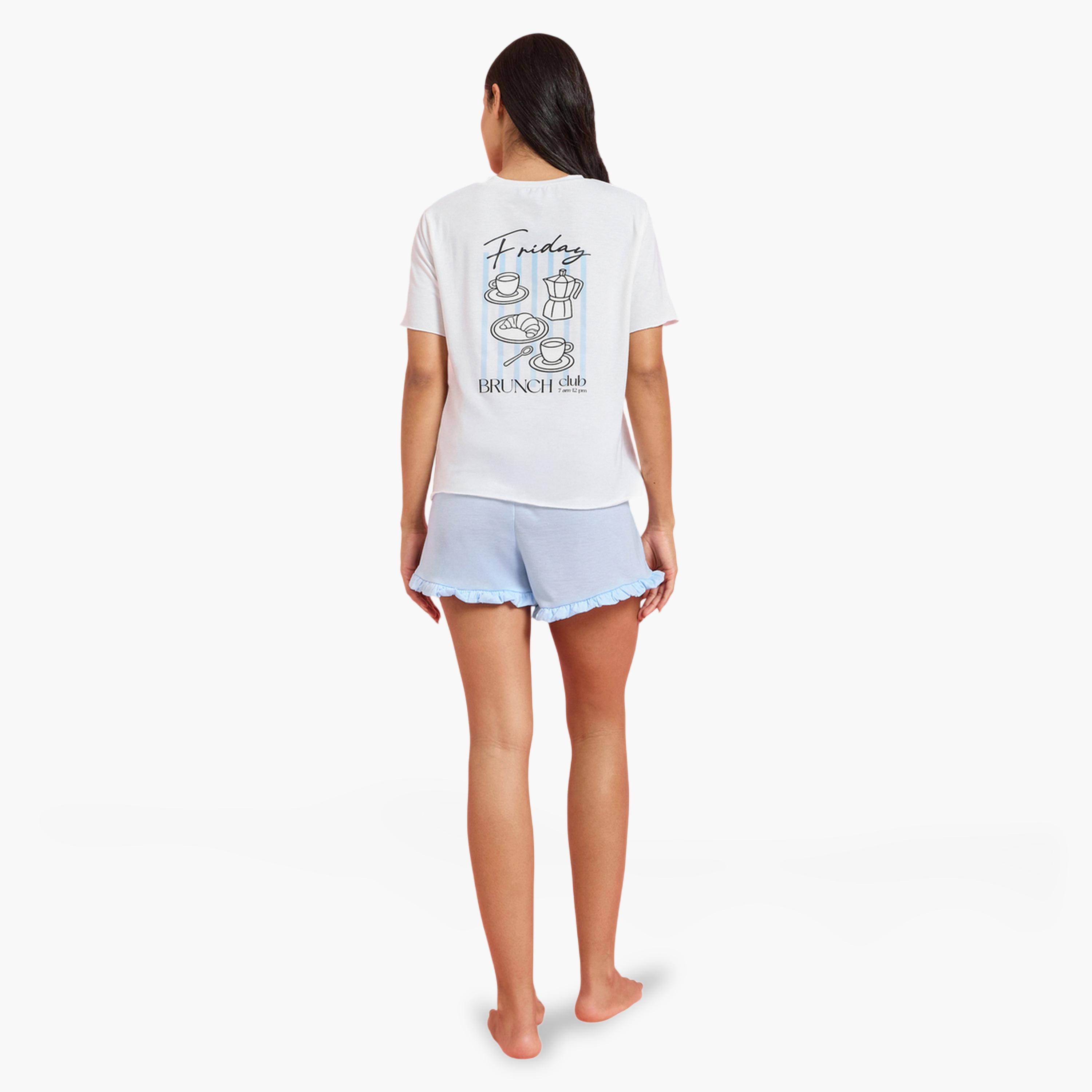 Styli Multi-Color Printed T-Shirt and Solid Ruffle Details Shorts Pyjama Set-women-clothing-nightwear-pyjamas-shortsets-image-3