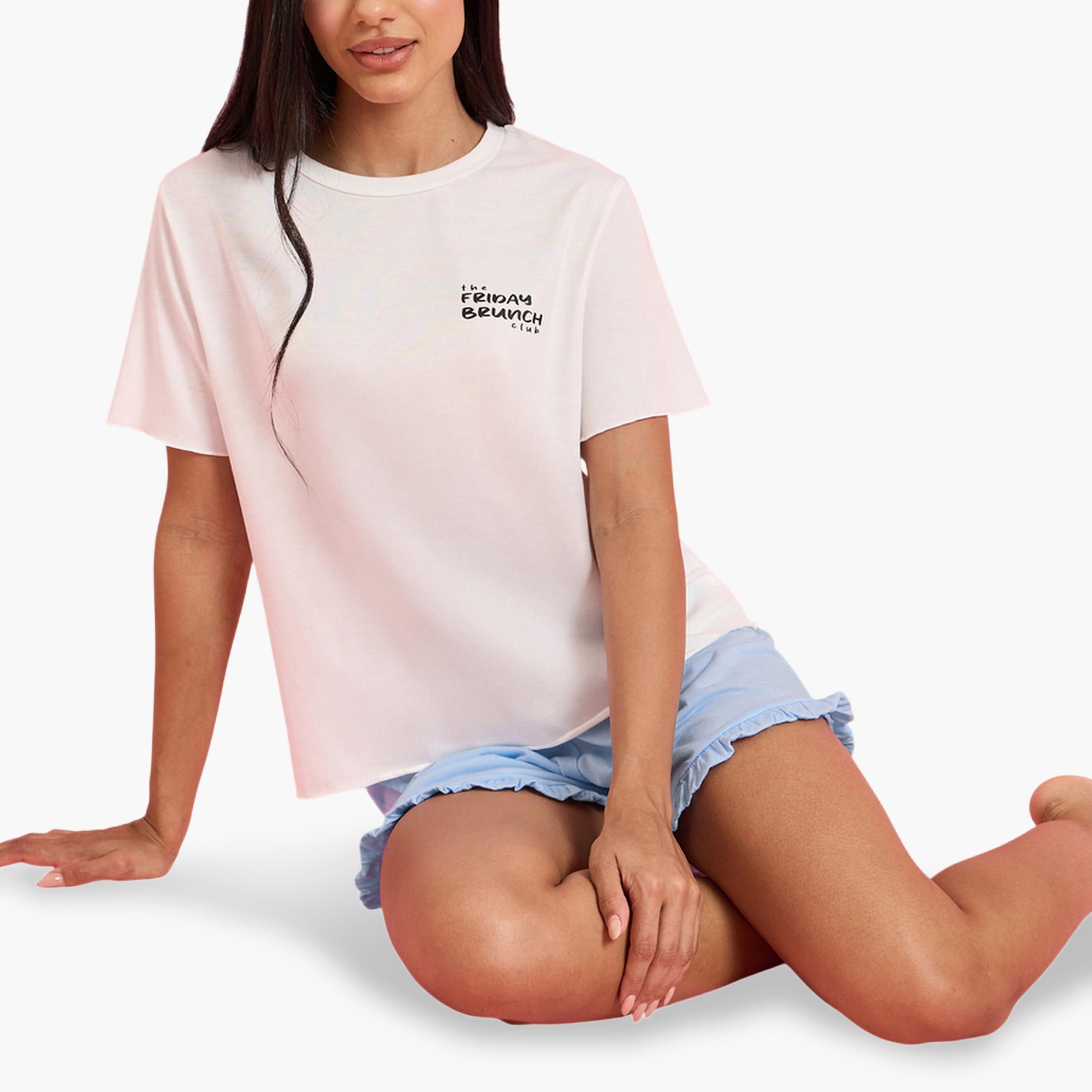 Styli Multi-Color Printed T-Shirt and Solid Ruffle Details Shorts Pyjama Set-women-clothing-nightwear-pyjamas-shortsets-image-4