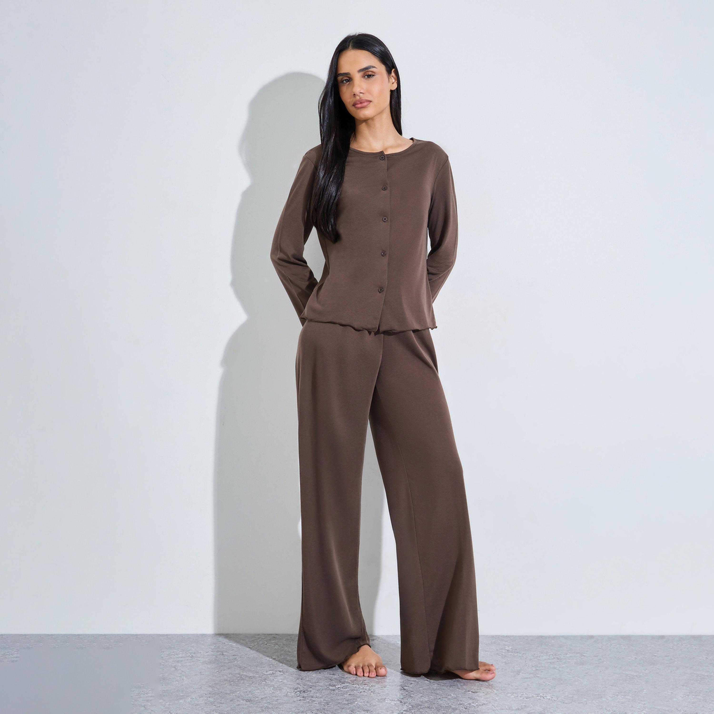 Styli Brown Solid Button-Up Shirt and Wide Leg Pants Pyjama Set-women-clothing-nightwear-pyjamas-longsets-image-1