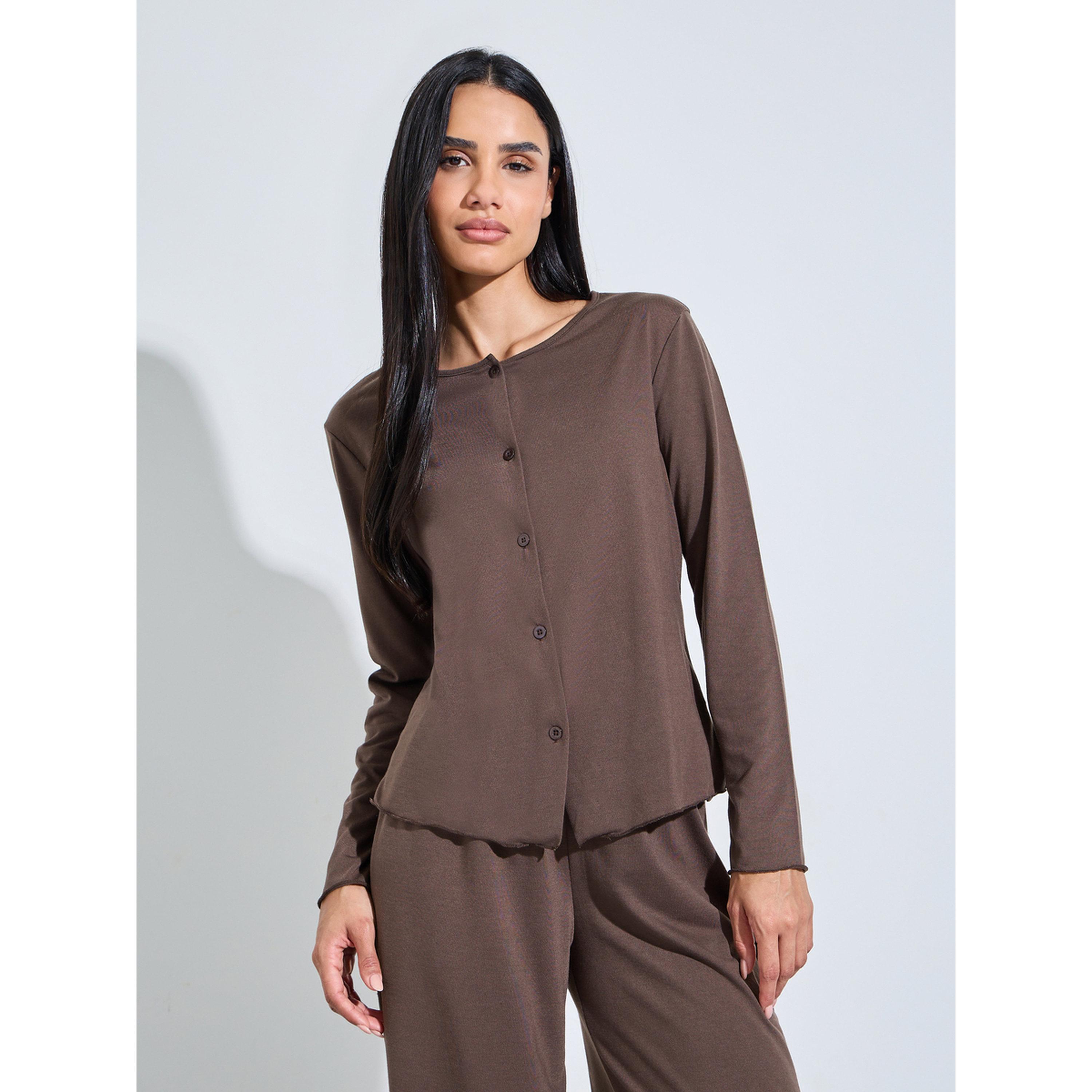 Styli Brown Solid Button-Up Shirt and Wide Leg Pants Pyjama Set-women-clothing-nightwear-pyjamas-longsets-image-3