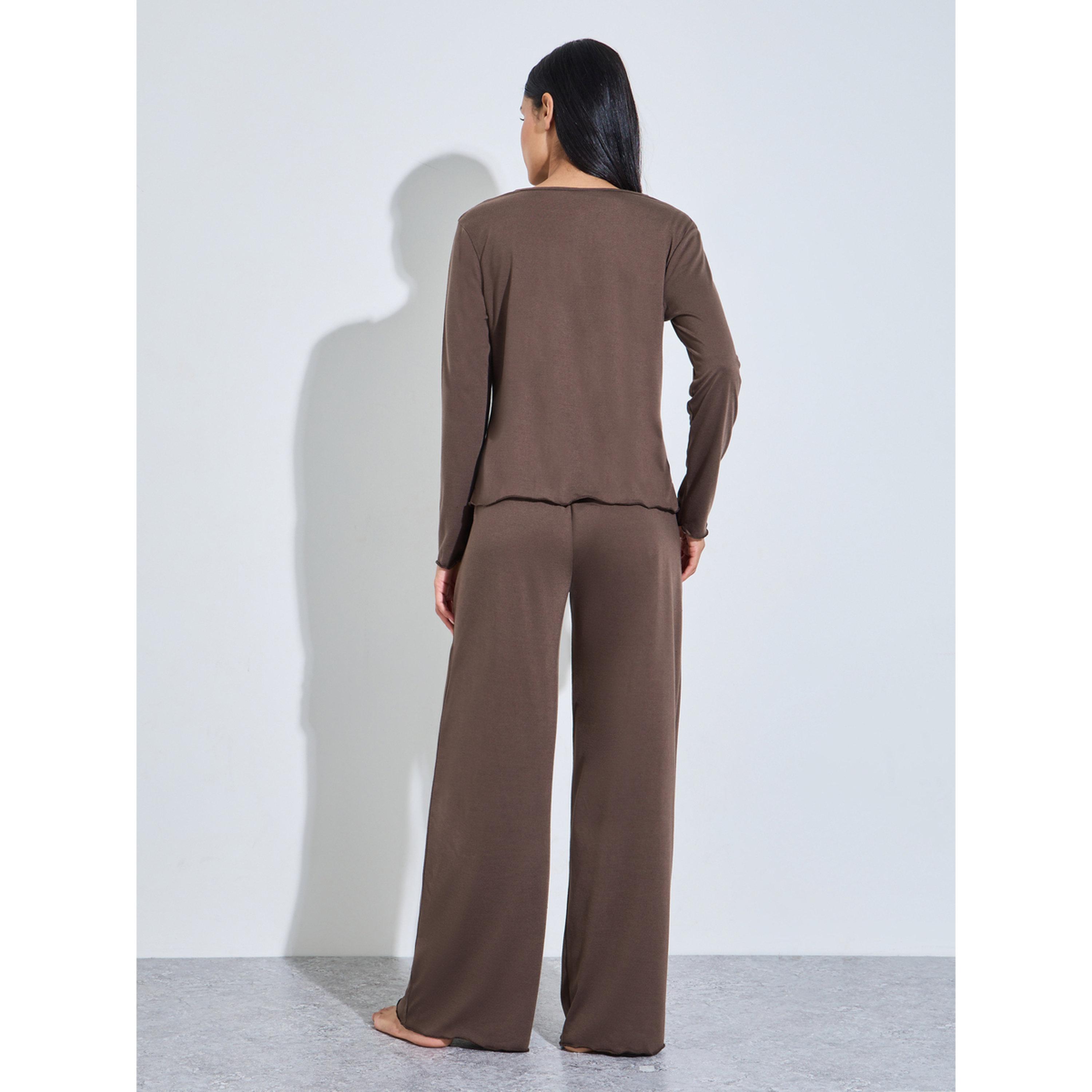 Styli Brown Solid Button-Up Shirt and Wide Leg Pants Pyjama Set-women-clothing-nightwear-pyjamas-longsets-image-4