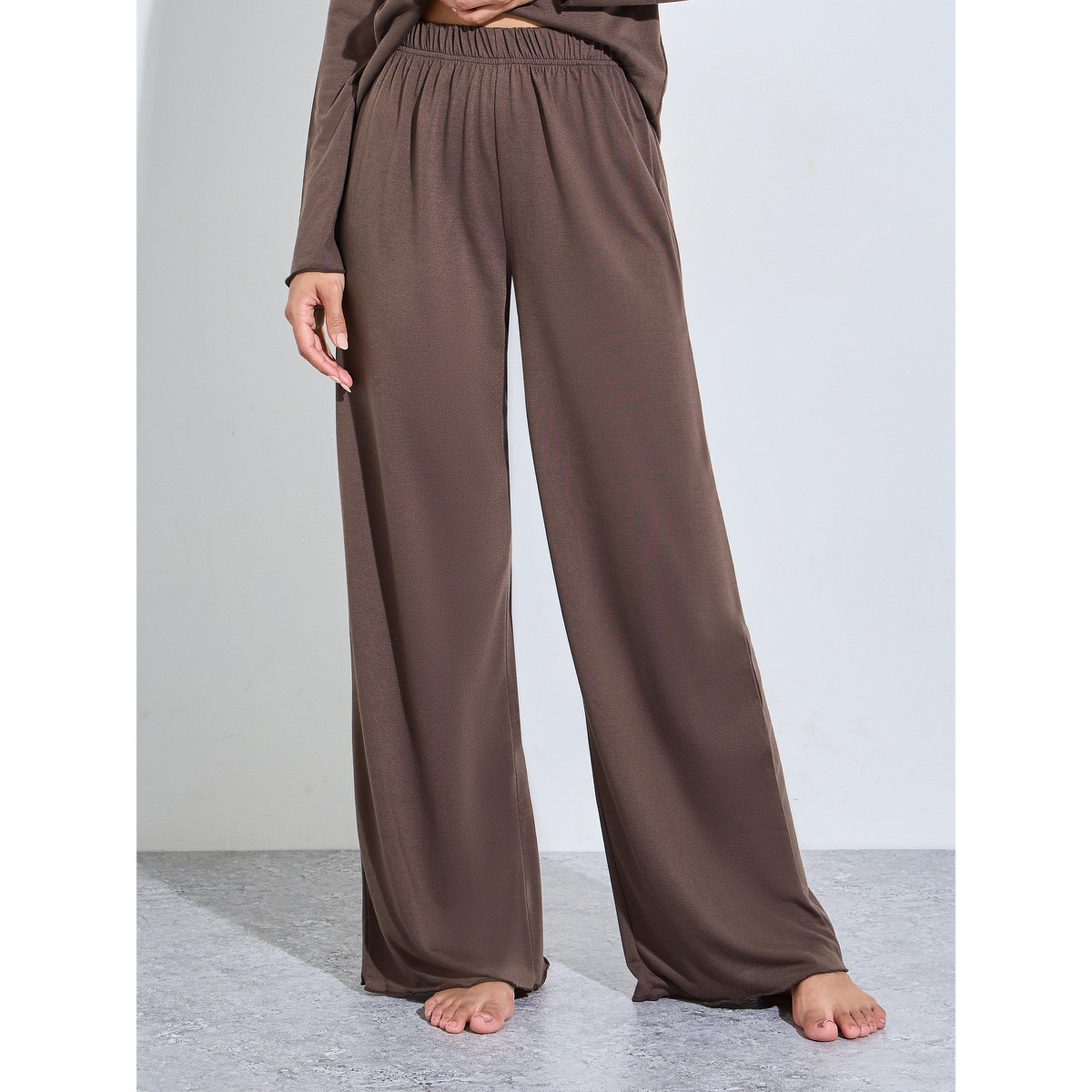 Styli Brown Solid Button-Up Shirt and Wide Leg Pants Pyjama Set-women-clothing-nightwear-pyjamas-longsets-image-5