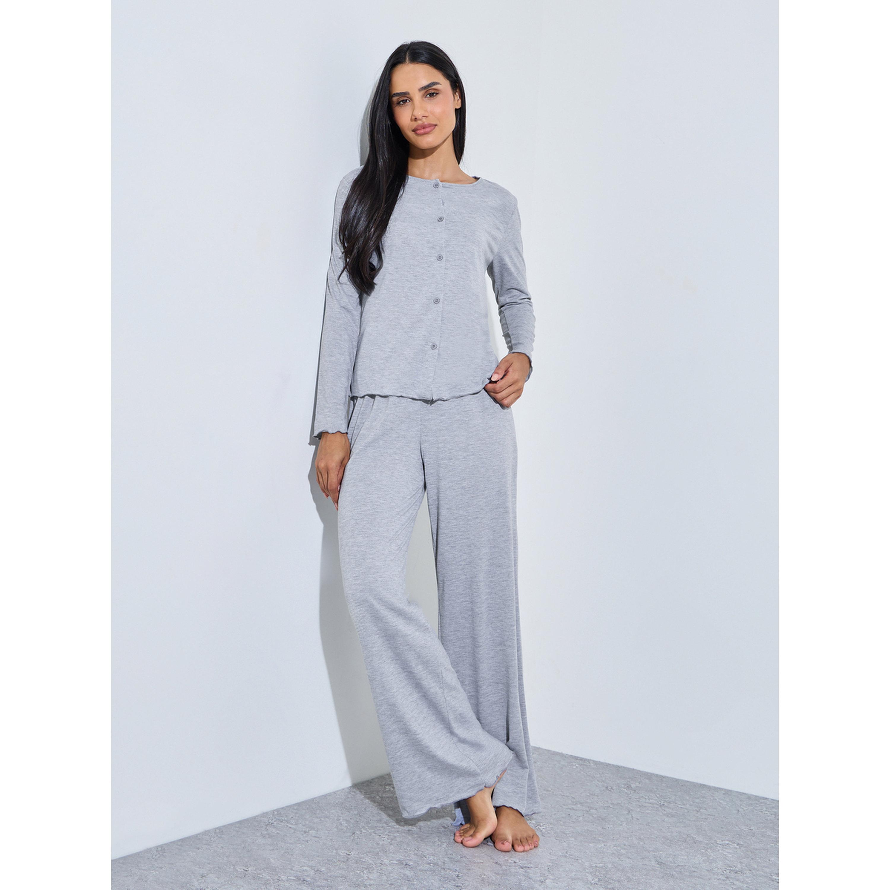 Styli Grey Solid Button-Up Shirt and Wide Leg Pants Pyjama Set-women-clothing-nightwear-pyjamas-longsets-image-1