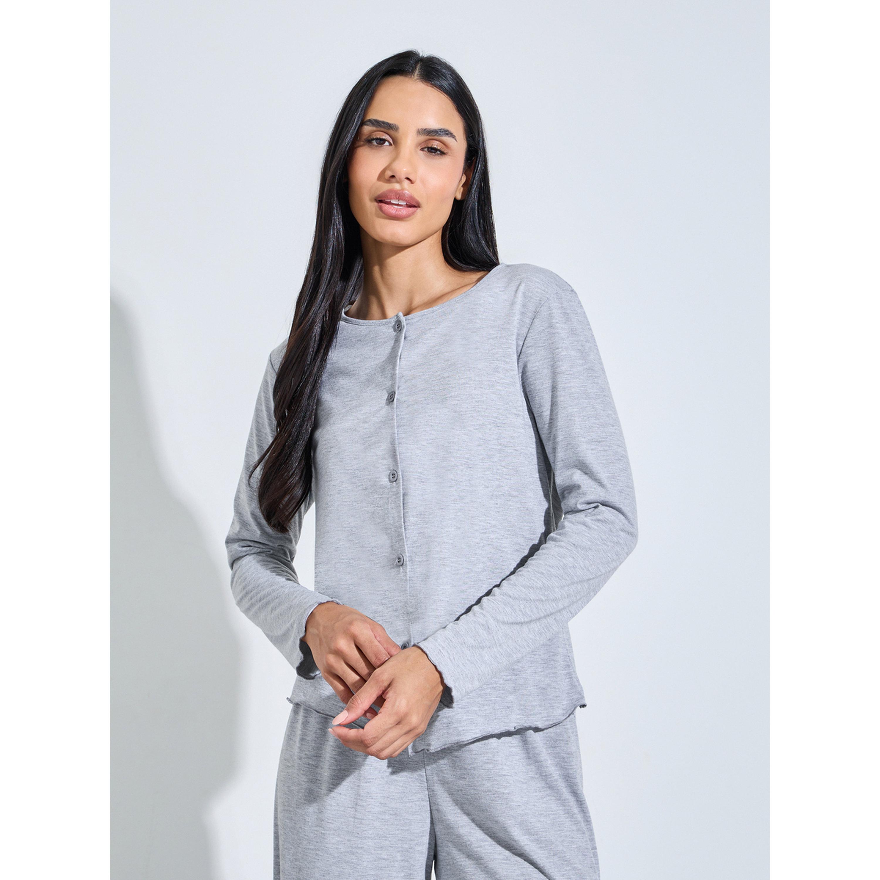 Styli Grey Solid Button-Up Shirt and Wide Leg Pants Pyjama Set-women-clothing-nightwear-pyjamas-longsets-image-2
