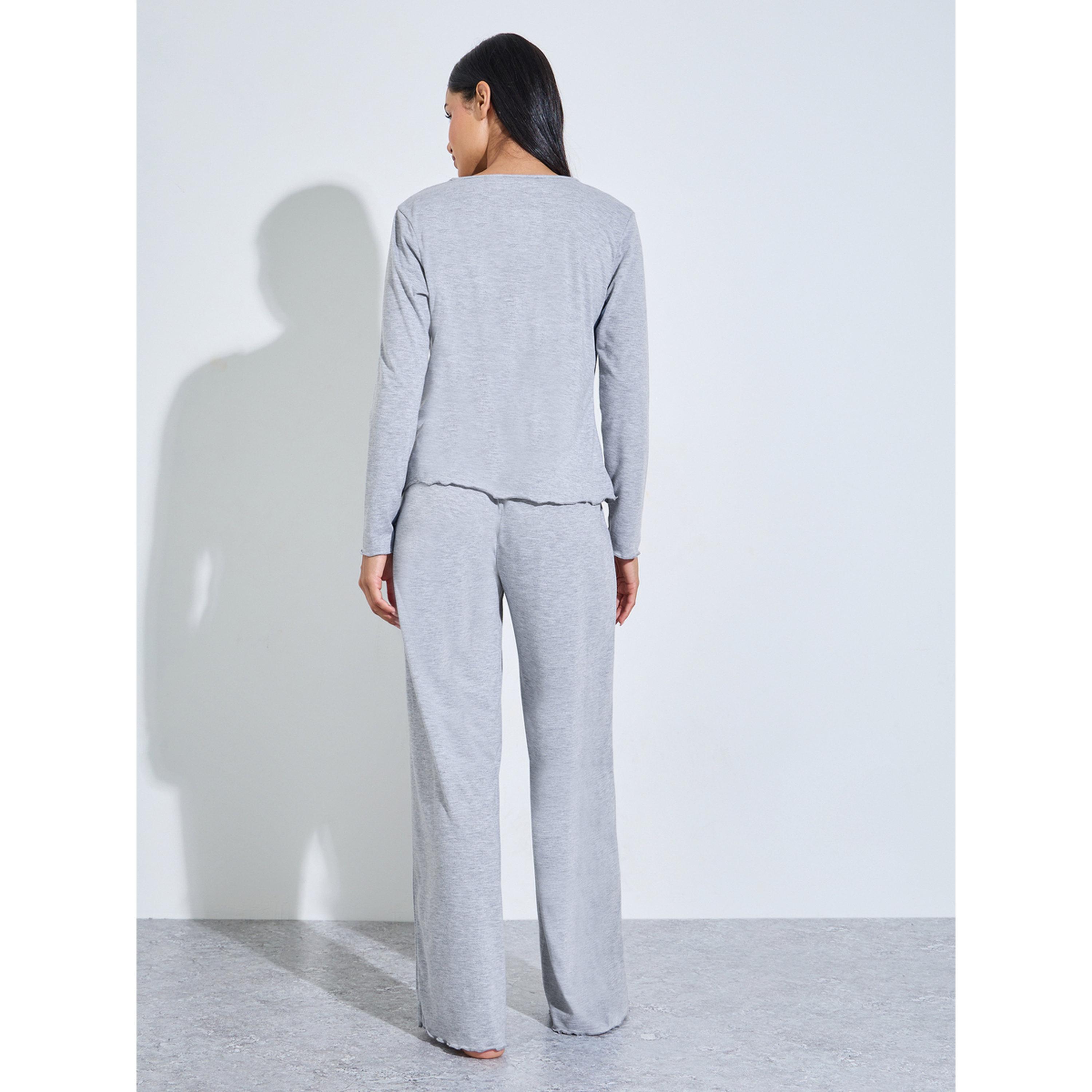 Styli Grey Solid Button-Up Shirt and Wide Leg Pants Pyjama Set-women-clothing-nightwear-pyjamas-longsets-image-3