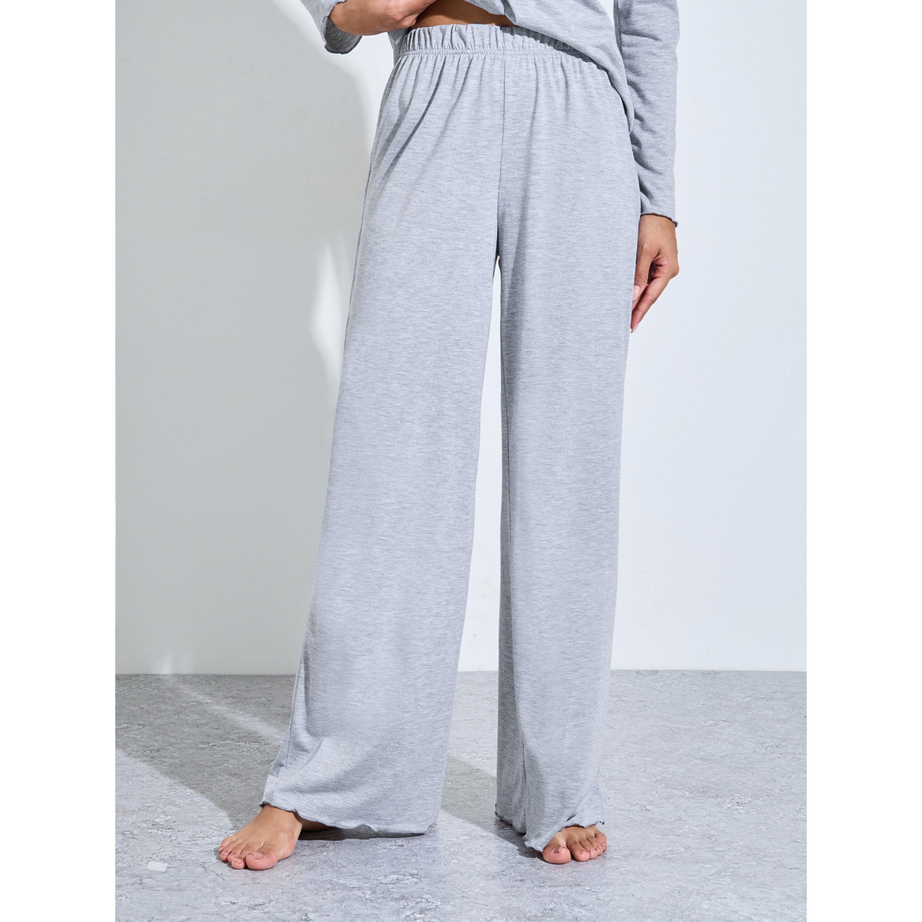 Styli Grey Solid Button-Up Shirt and Wide Leg Pants Pyjama Set-women-clothing-nightwear-pyjamas-longsets-image-4