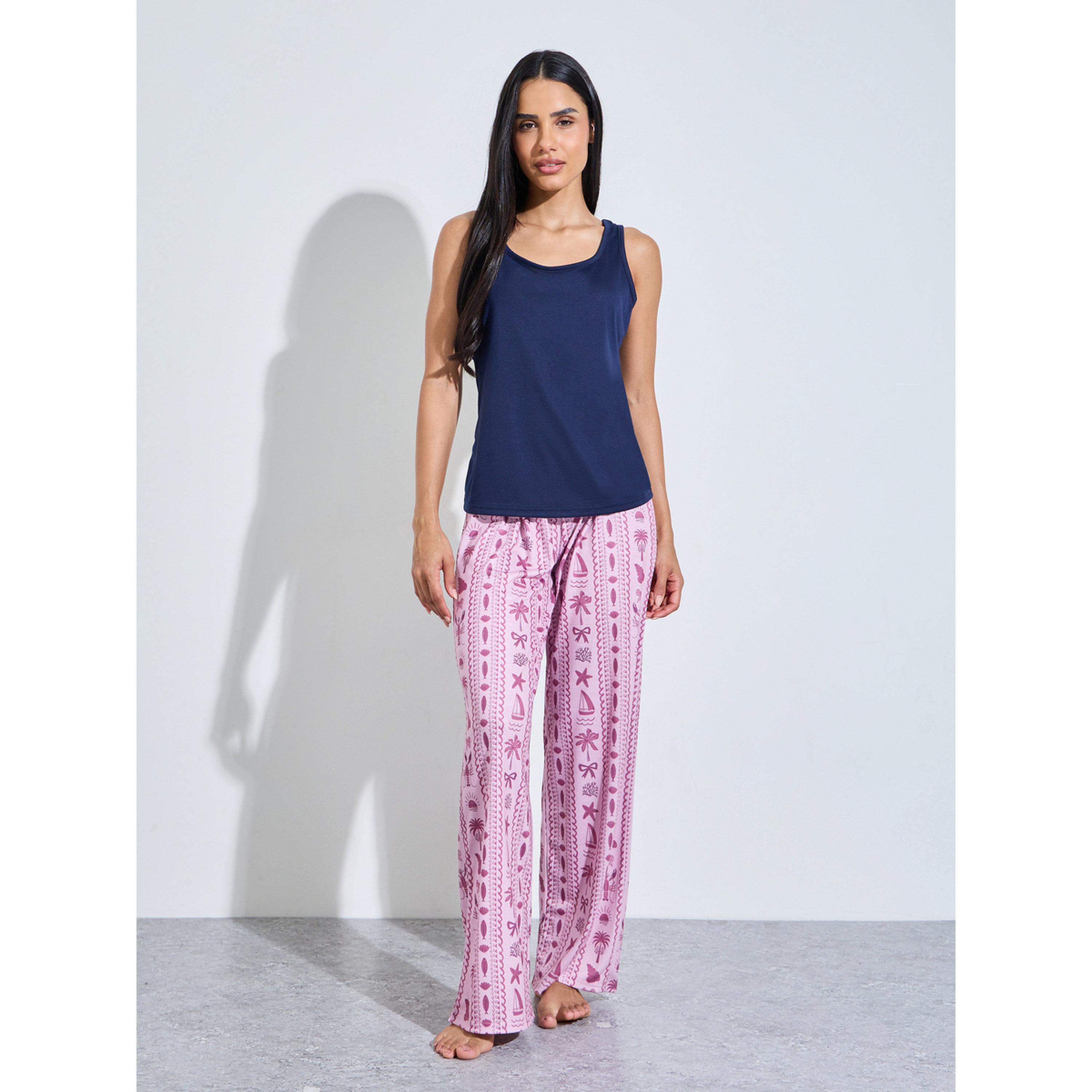 Styli Navy Blue Solid Tank Top and Pink All Over Print Straight Leg Pants Pyjama Set-women-clothing-nightwear-pyjamas-longsets-image-1