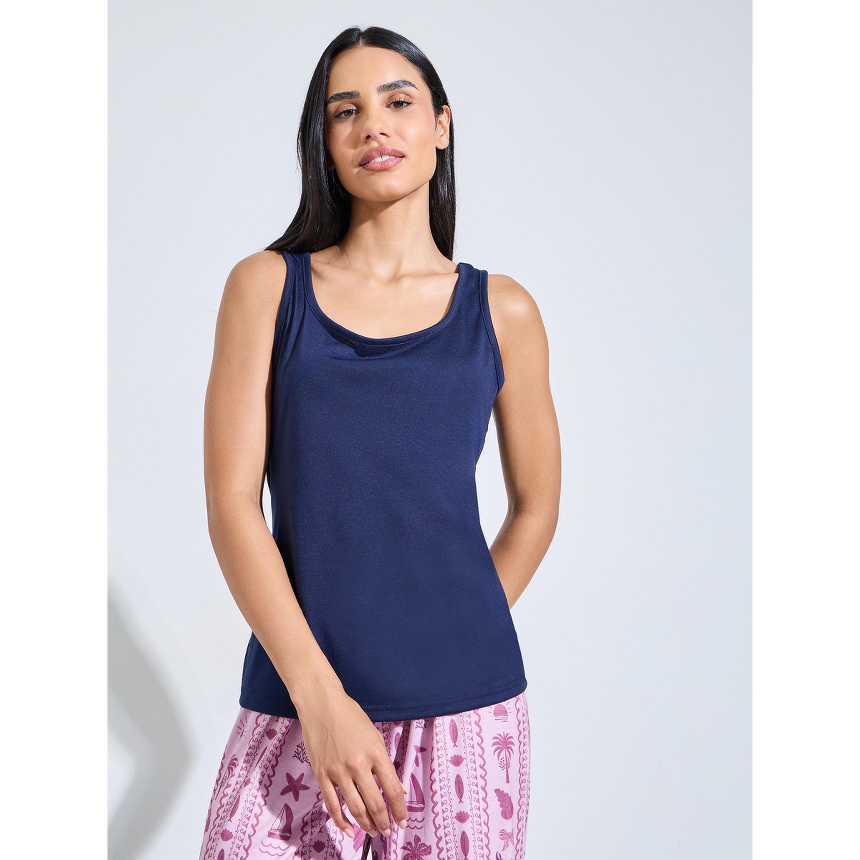 Styli Navy Blue Solid Tank Top and Pink All Over Print Straight Leg Pants Pyjama Set-women-clothing-nightwear-pyjamas-longsets-image-2