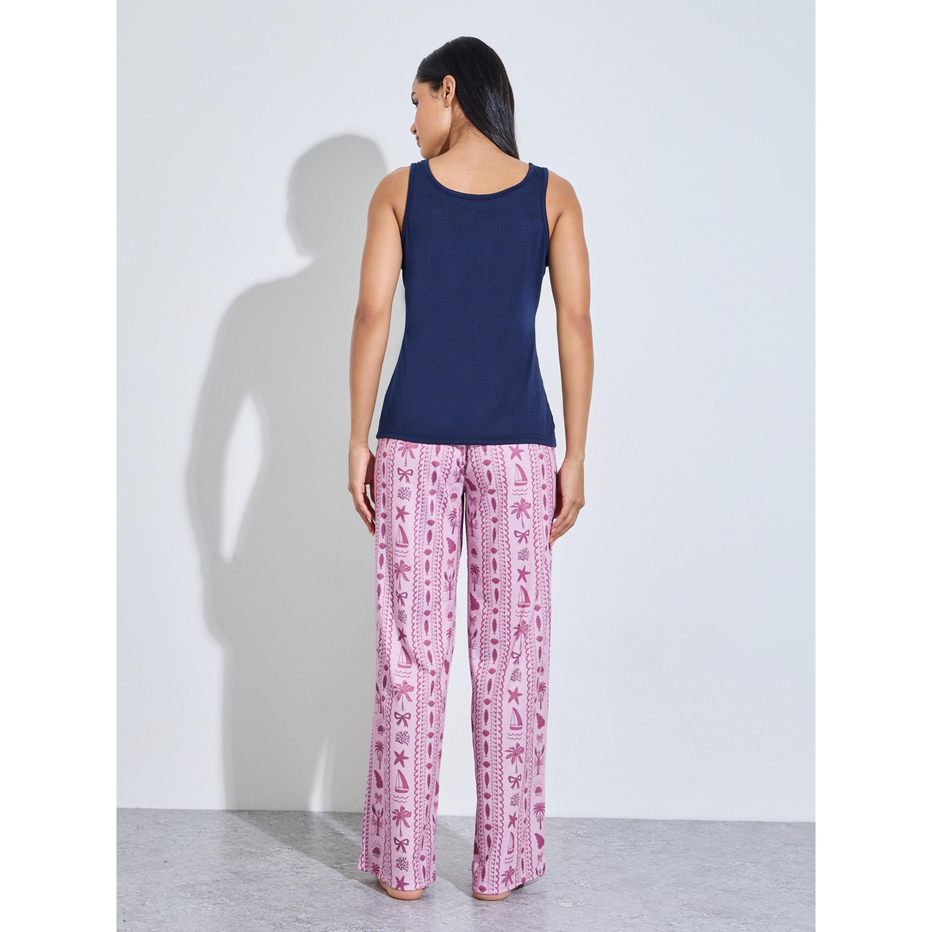 طقم بيجاما من بنطال بقصة مستقيمة مطبوع وبلوزة تانك سادة-women-clothing-nightwear-pyjamas-longsets-image-3