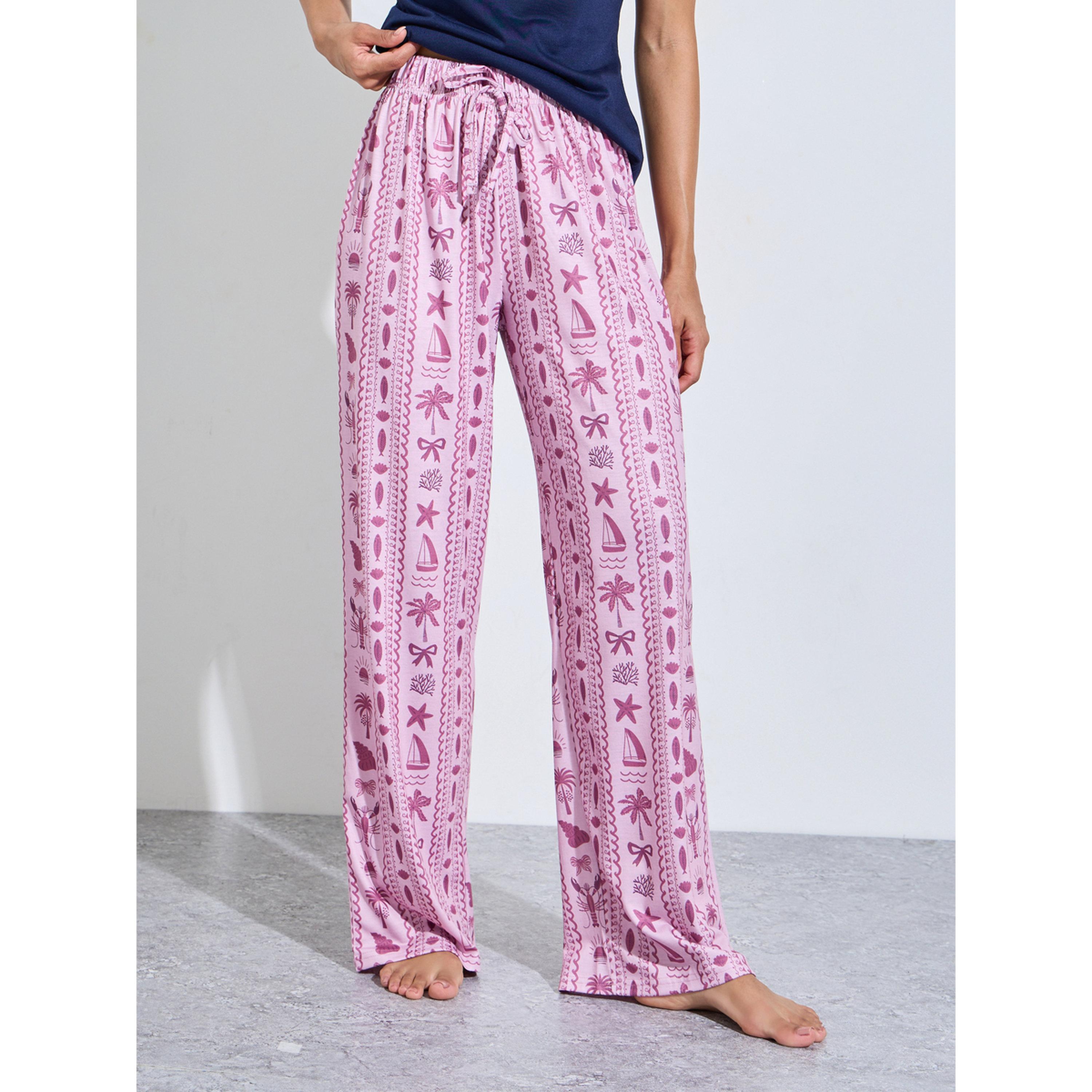 طقم بيجاما من بنطال بقصة مستقيمة مطبوع وبلوزة تانك سادة-women-clothing-nightwear-pyjamas-longsets-image-4