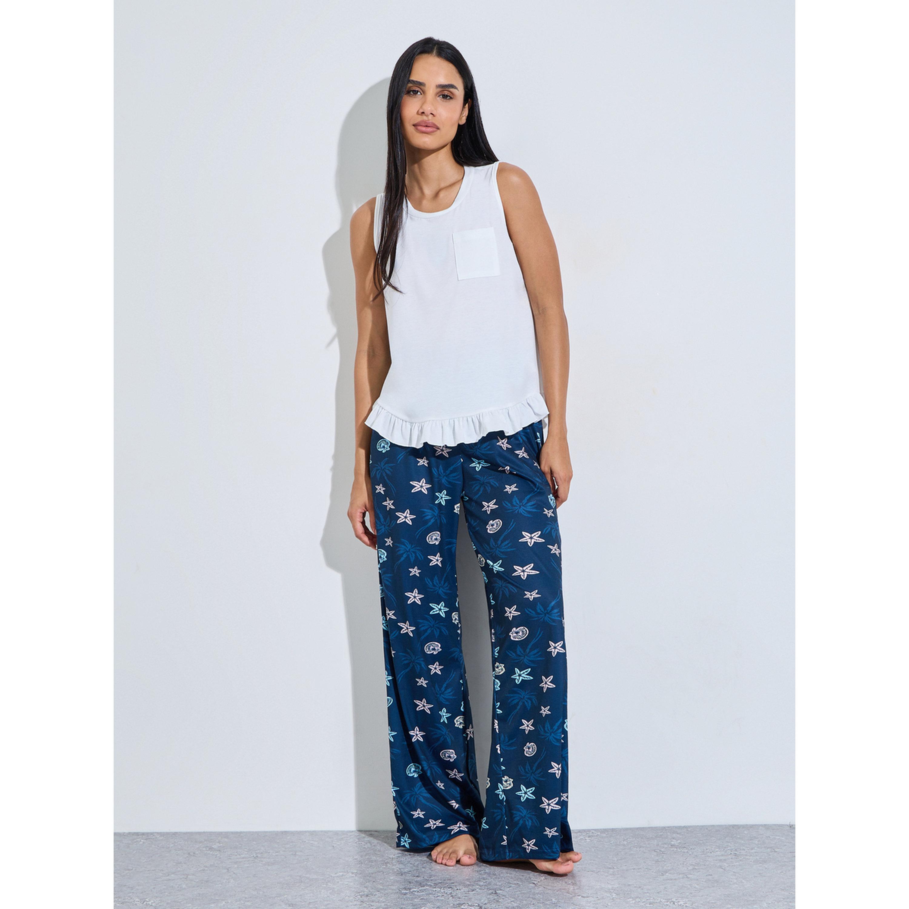 طقم بيجاما من بنطال بقصة مستقيمة مطبوع وبلوزة تانك بحافة بكشكشة سادة-women-clothing-nightwear-pyjamas-longsets-image-1