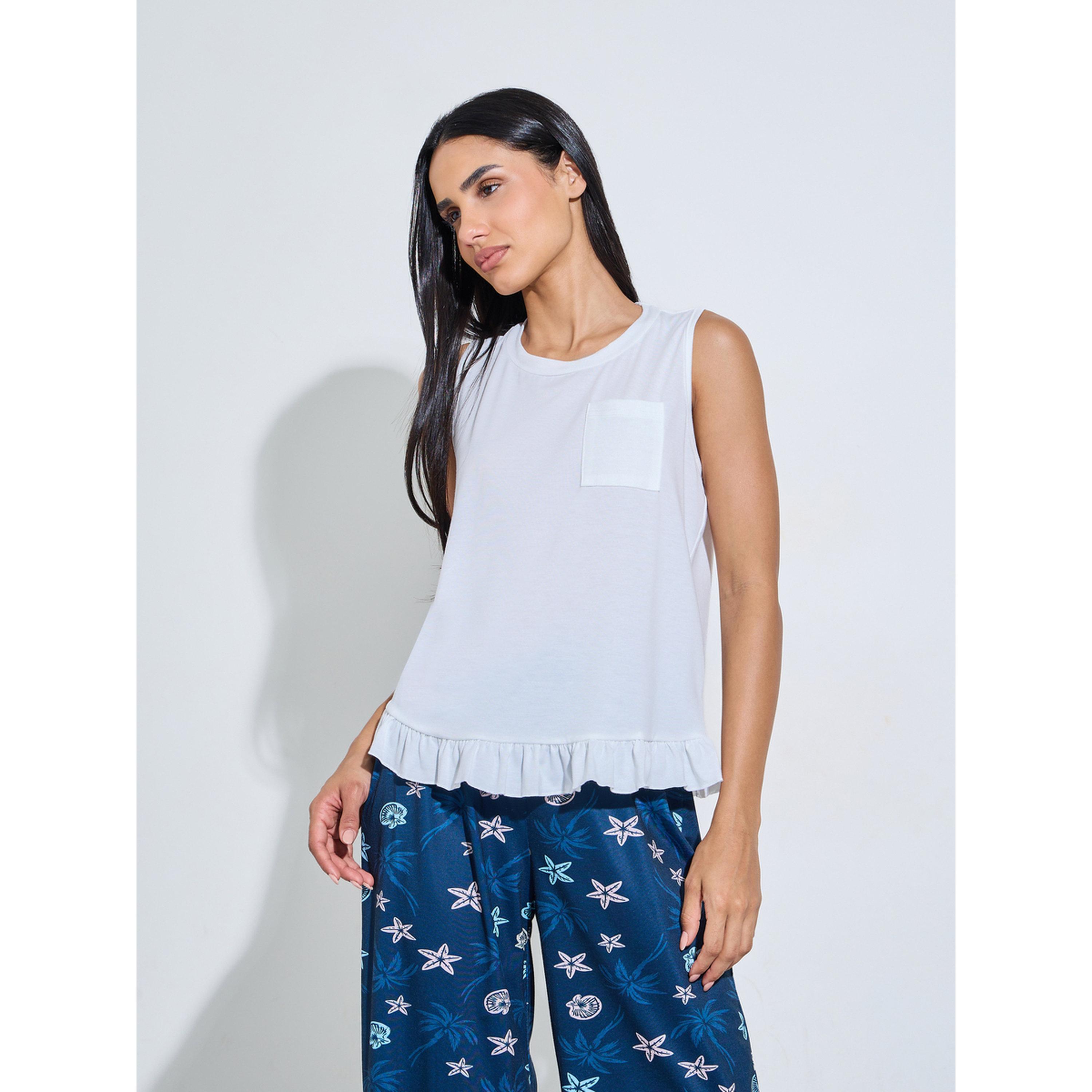 طقم بيجاما من بنطال بقصة مستقيمة مطبوع وبلوزة تانك بحافة بكشكشة سادة-women-clothing-nightwear-pyjamas-longsets-image-2