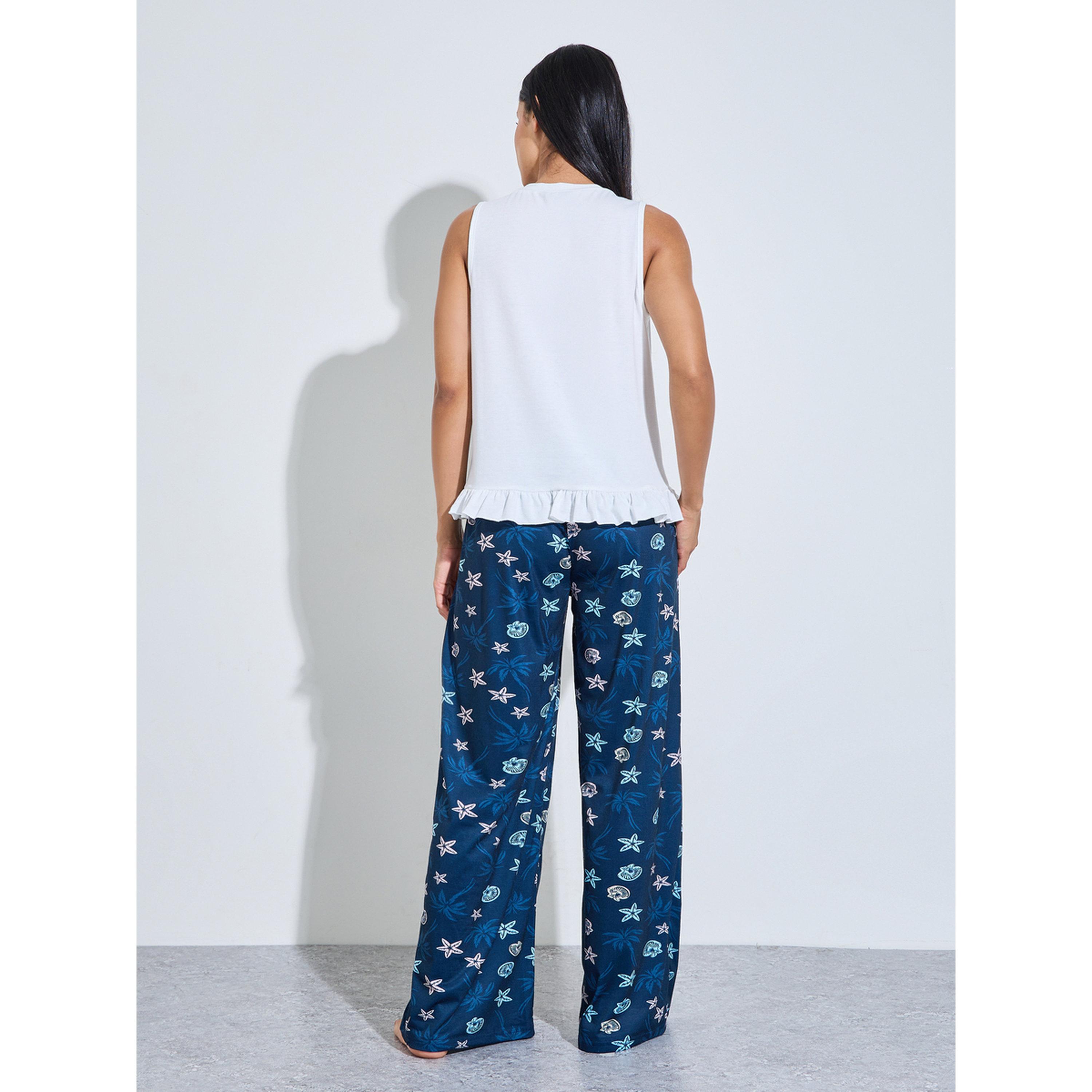 طقم بيجاما من بنطال بقصة مستقيمة مطبوع وبلوزة تانك بحافة بكشكشة سادة-women-clothing-nightwear-pyjamas-longsets-image-3