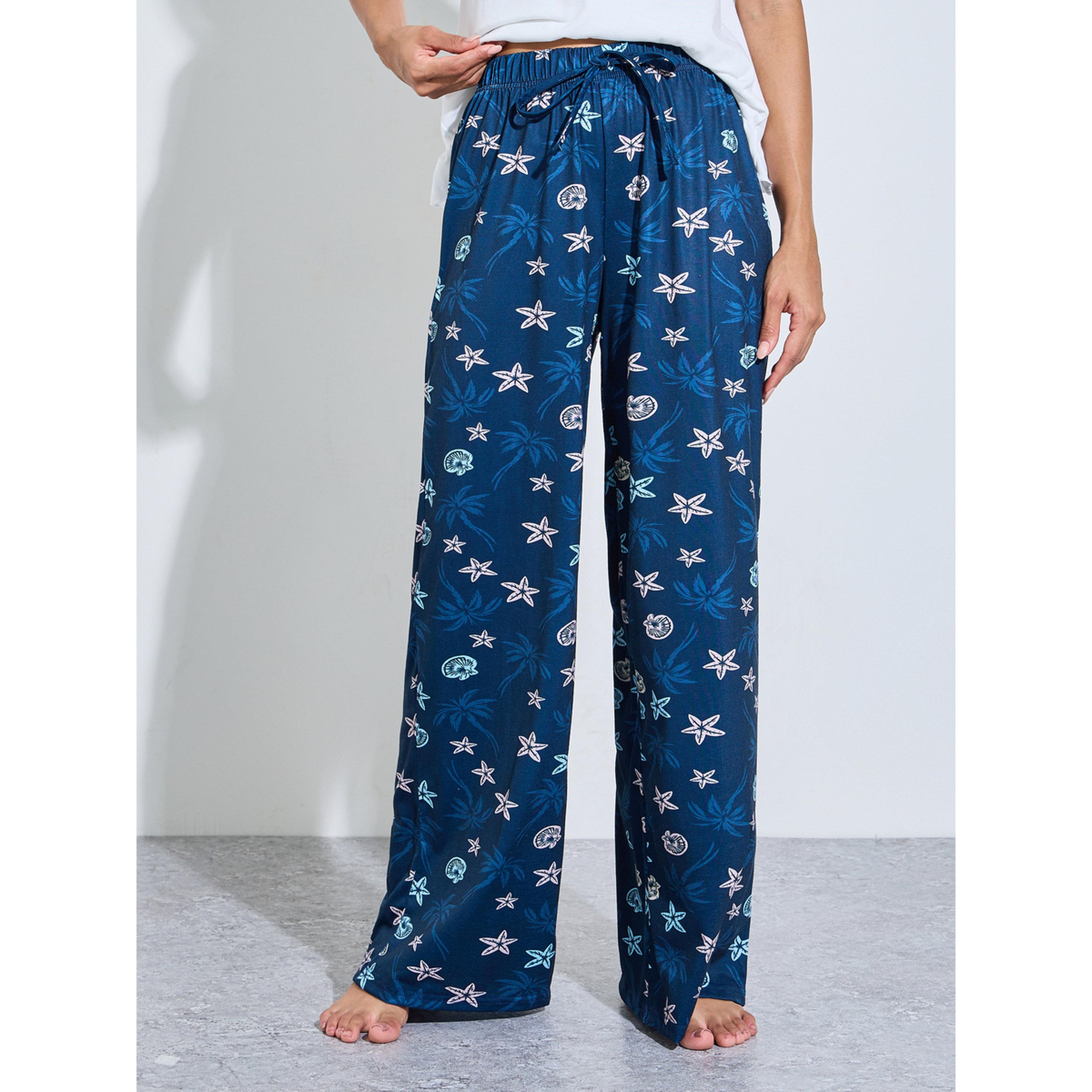 طقم بيجاما من بنطال بقصة مستقيمة مطبوع وبلوزة تانك بحافة بكشكشة سادة-women-clothing-nightwear-pyjamas-longsets-image-4