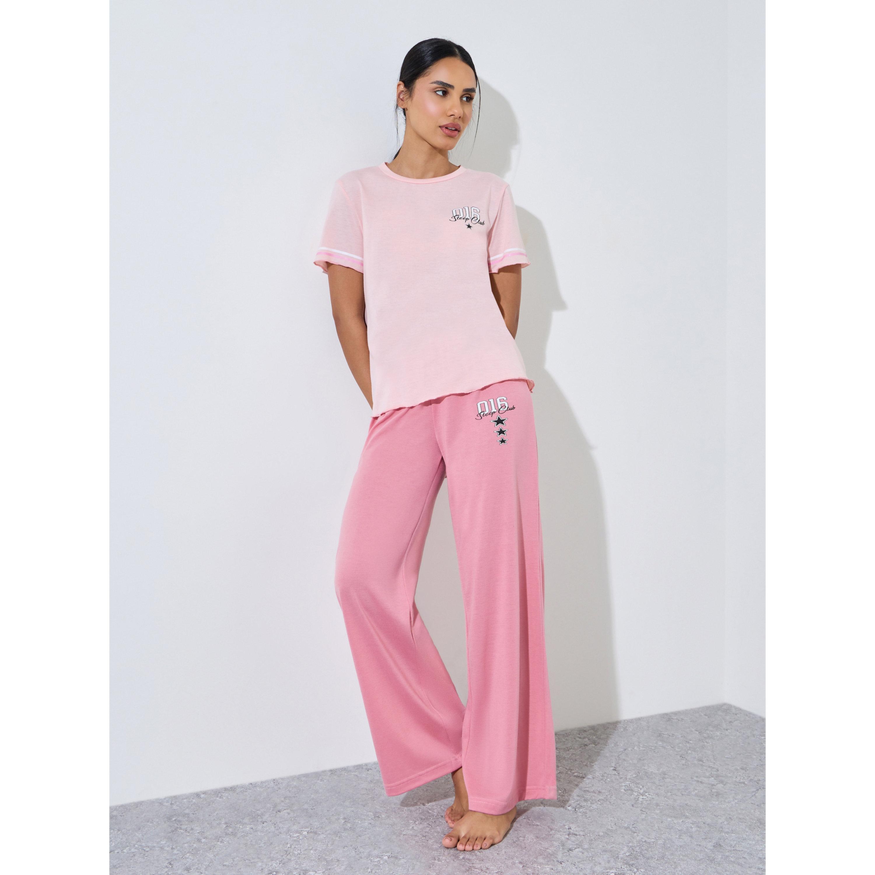 Styli Pink Graphic Print T-Shirt and Straight Leg Pyjama Set-women-clothing-nightwear-pyjamas-longsets-image-1