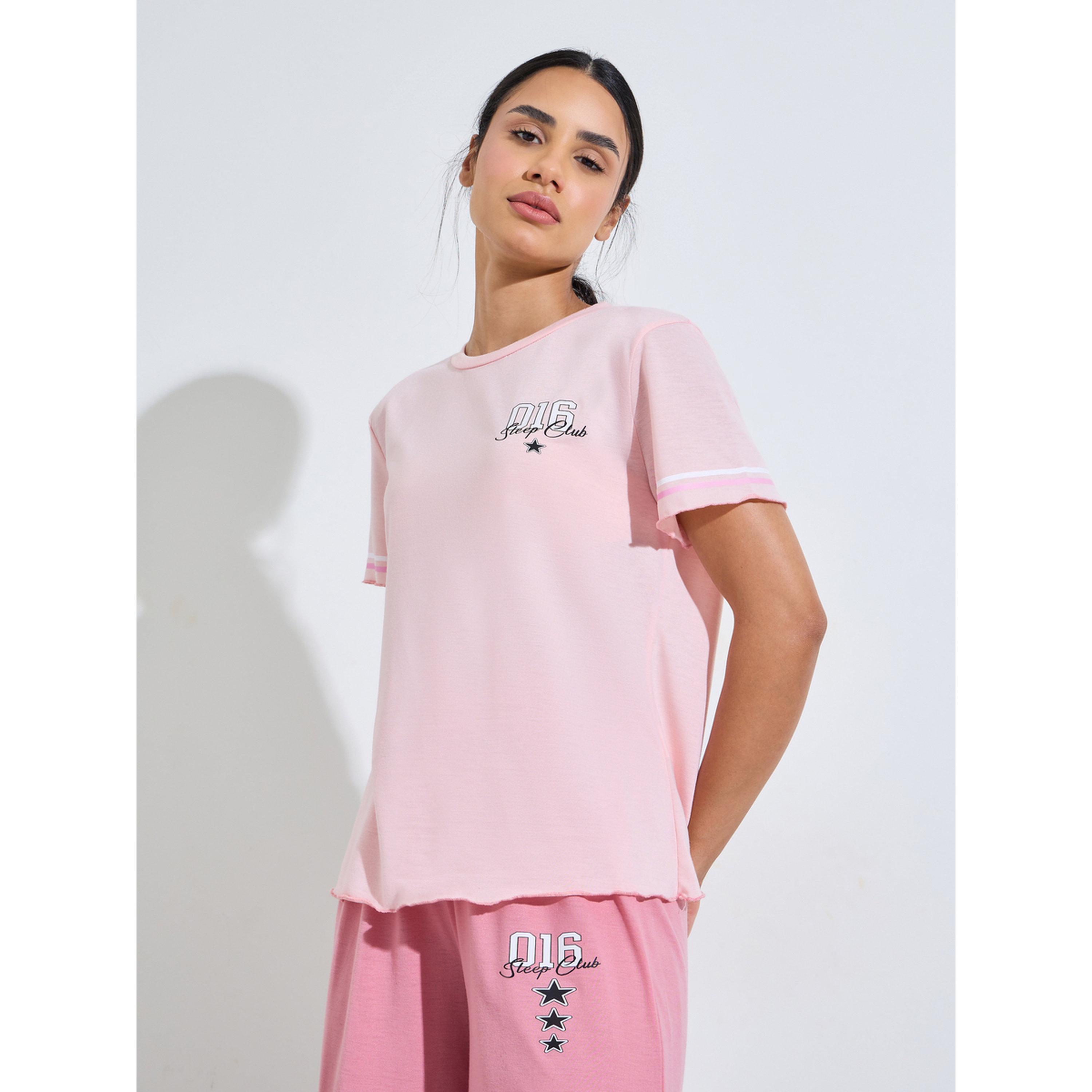 Styli Pink Graphic Print T-Shirt and Straight Leg Pyjama Set-women-clothing-nightwear-pyjamas-longsets-image-2