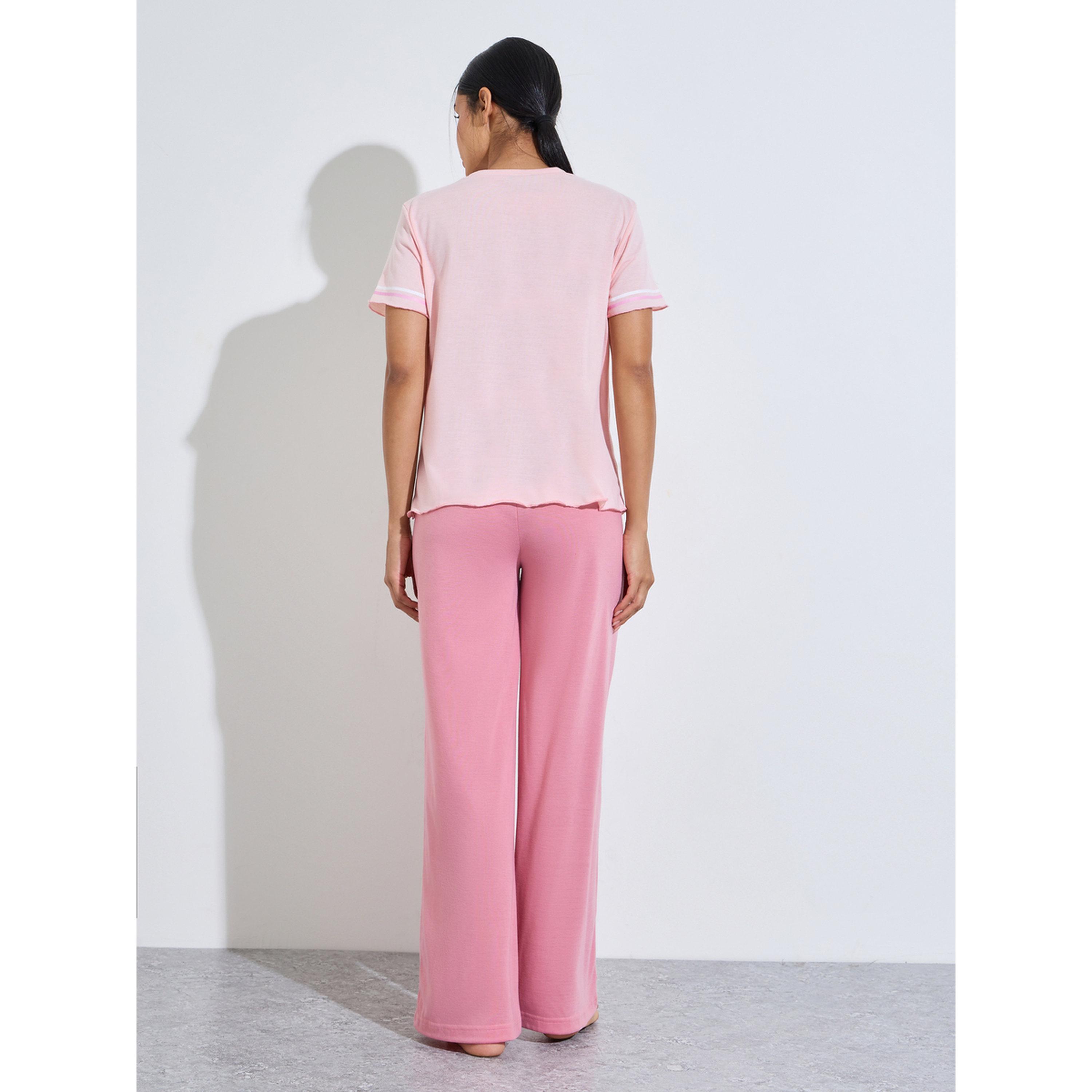 Styli Pink Graphic Print T-Shirt and Straight Leg Pyjama Set-women-clothing-nightwear-pyjamas-longsets-image-3